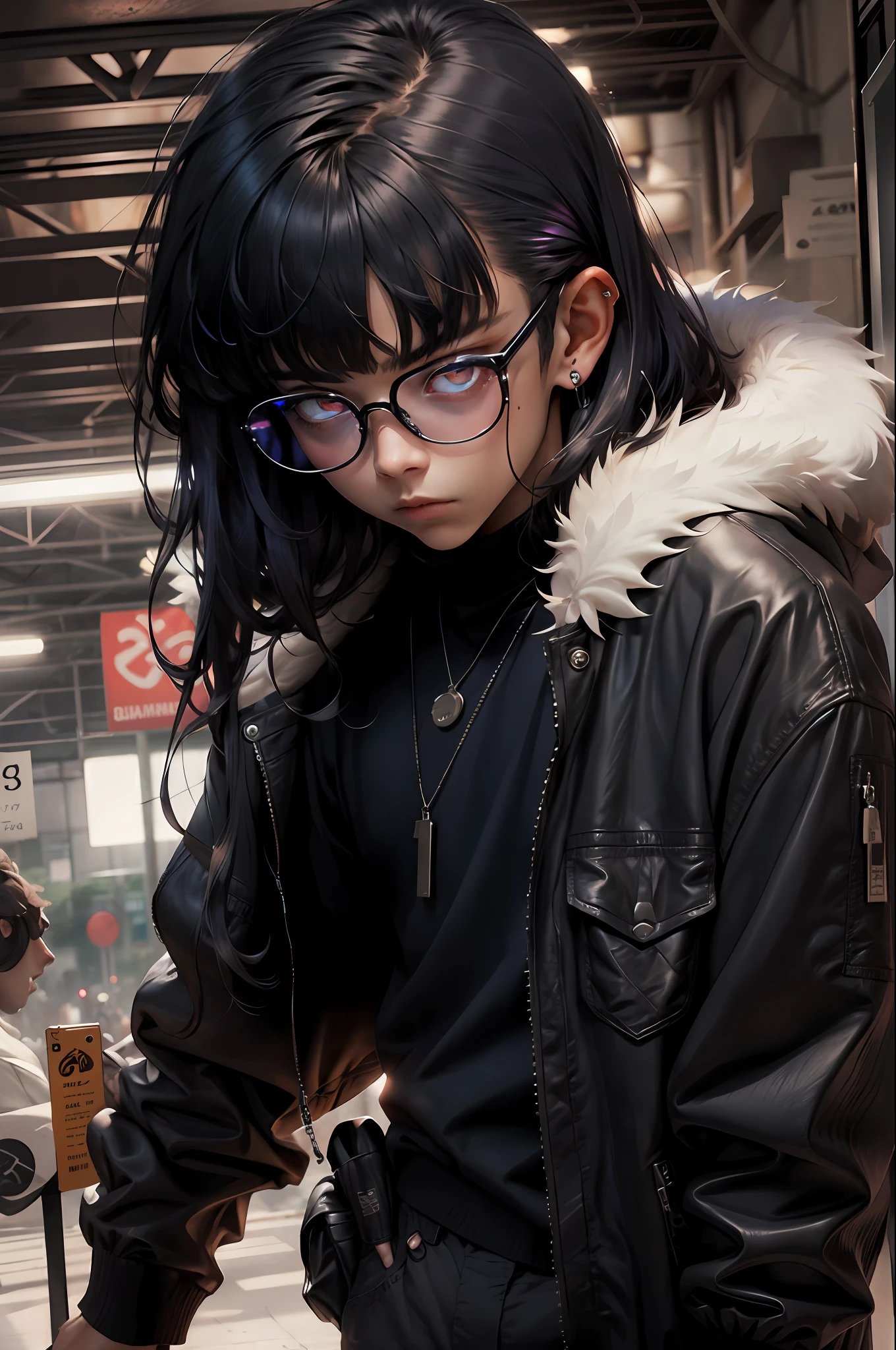 ]all  man with dark ultramarine straight hair with bangs and cryptic crimson eyes, blank facial expression, wearing a black shirt and a bright coat with fur lining, leather pants, and thin glasses