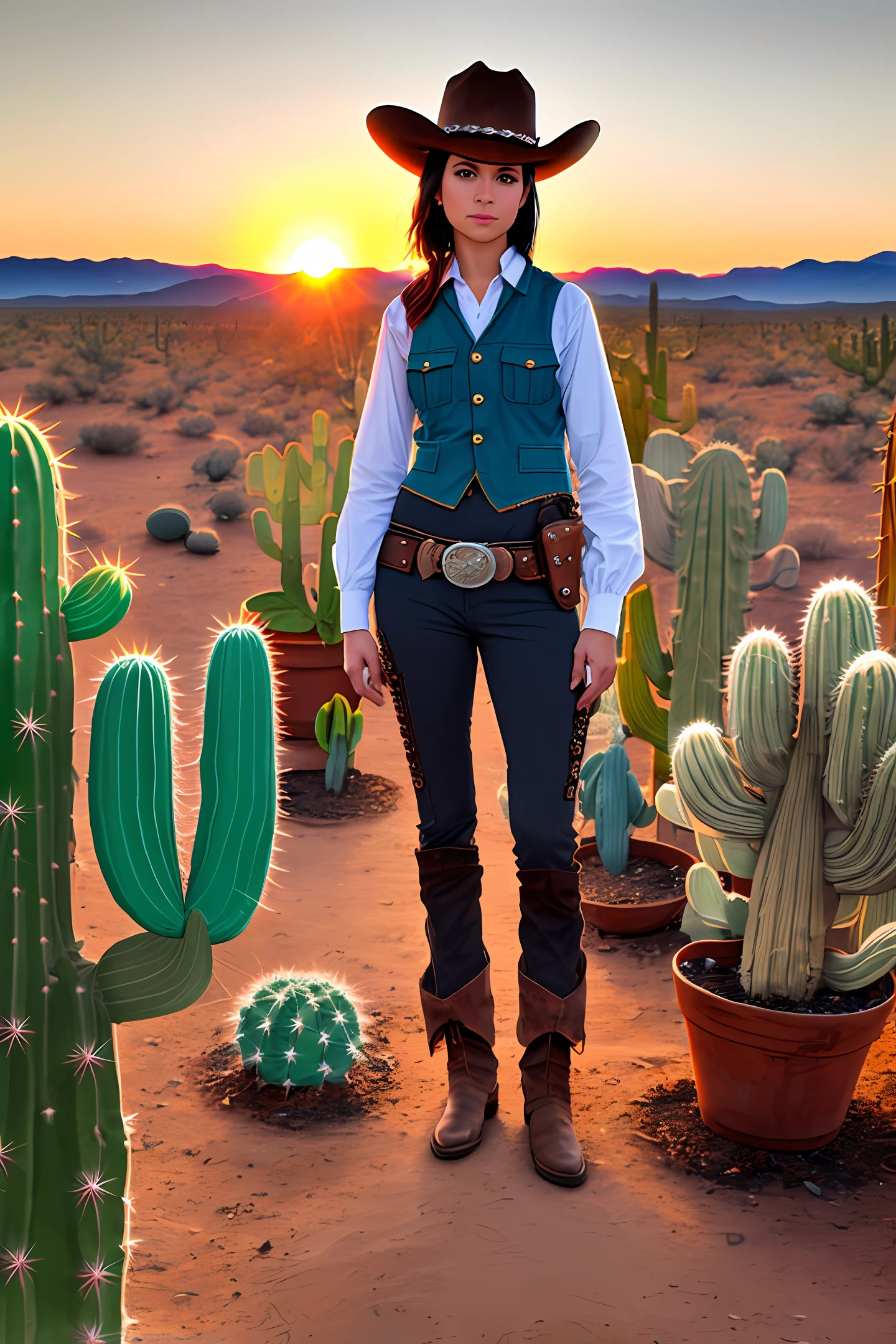 1girl, cowboy, cowboy hat, cargo pants, boots, cowboy vest, sheriff medal, (cactus:1.5), (black hair), (yellow eyes), solo focus, (magic circle:1.15), (depth of field, ambient lighting, blurry foreground, blurry background:1.3), atmospheric, (wild west:1.4), desert, cactus, light flares, intricate details, enhanced lighting, tumbleweed, (full body:1.2), (sunset:1.3), hands on hips, pose, lens flare, dew drop