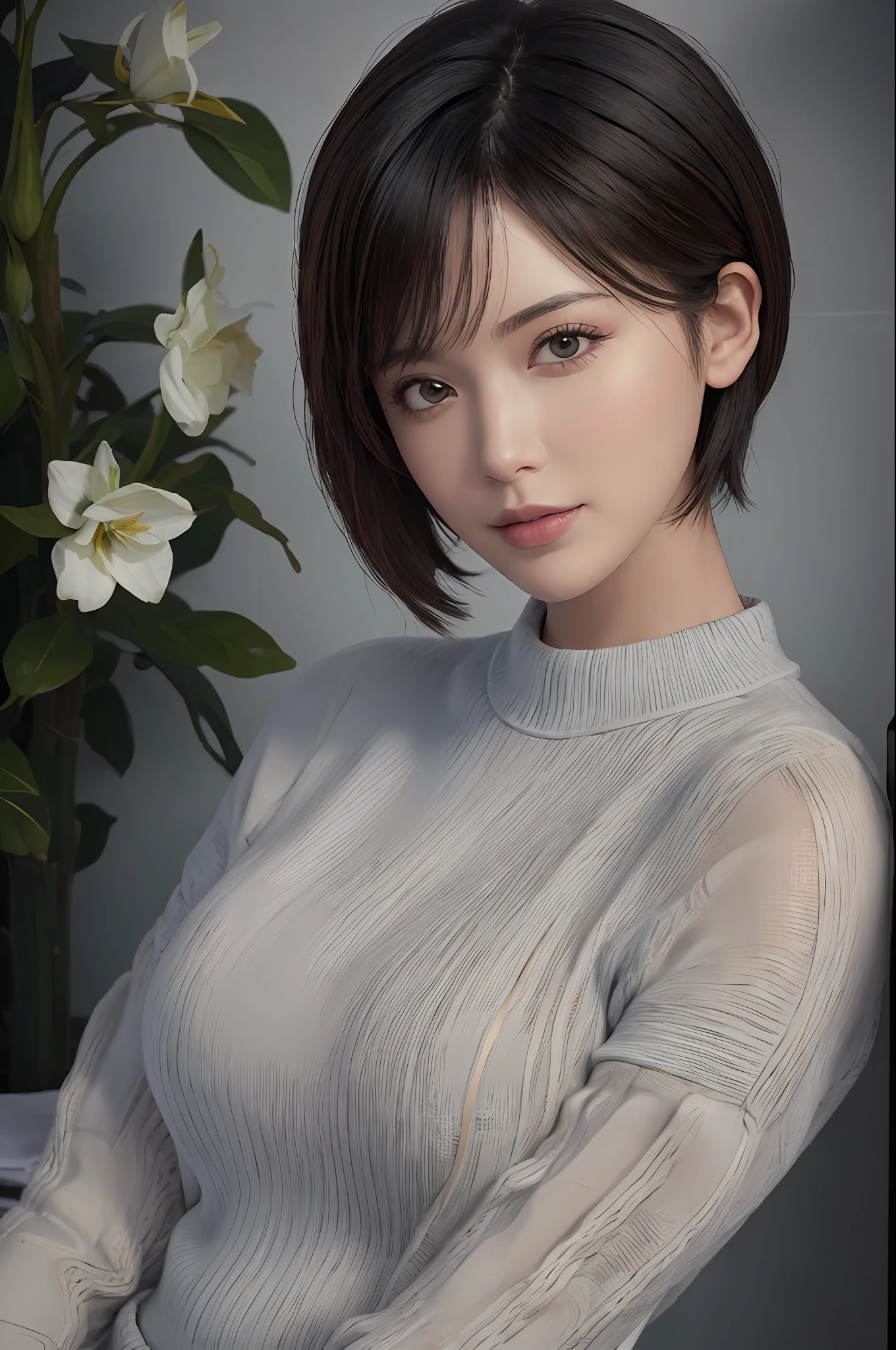 (Masterpiece: 1.3), (8k, Photorealistic, RAW Photo, Best Quality: 1.4), (1girl), Beautiful Face, (Realistic Face), (Black Hair, Short Hair: 1.3), Beautiful Hairstyle, Realistic Eyes, Beautiful Detail Eyes, (Realistic Skin), Beautiful Skin, (Sweater), Absurd, Attractive, Ultra High Definition, Ultra Realistic, High Definition, Golden Ratio, Full Body Photo