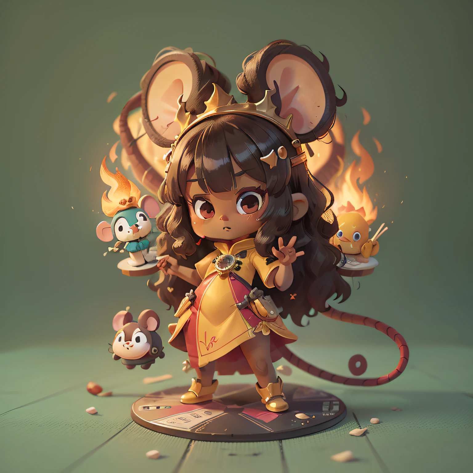 chibi, mouse, cute, fire princess, ebony skin, curly hair, bigbadejo, full body, masterpiece, 3D Rendering, Best Quality, Lots of Detail, (plain background), vinyl toy figurine