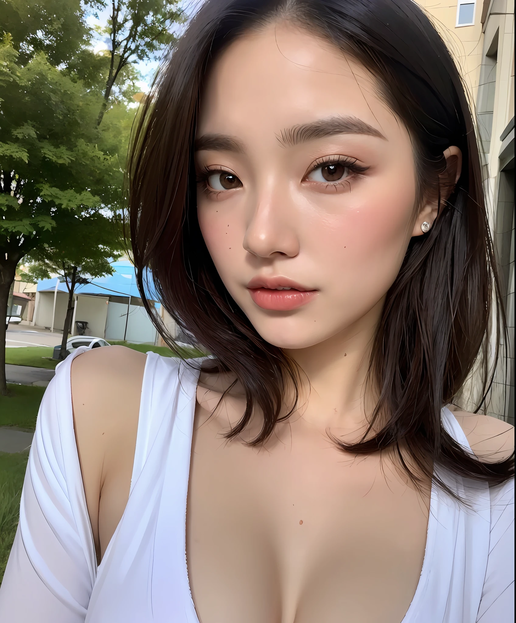 ((best qualityer, 8k, A Masterpiece: 1.3)), A European face,Sharp focus: 1.2, Beautiful woman with perfect body: 1.4, A European face :1.5,Russian girlThin belly: 1.2, ((Multi-layer haircut, Large Breasts: 1.2)), (without bra) (Small and beautiful hard nipple) (Thin and damp button to the length of the shirt: 1.1), (White shirt, Wet from the rain), (raining, Street: 1.2), Wet body: 1.1, Very Detailed Face and Skin Texture, detailled eyes, double eyelid, tanned skin, Sexy, tan, dark skin, tanned body, exposed shoulders, neckline