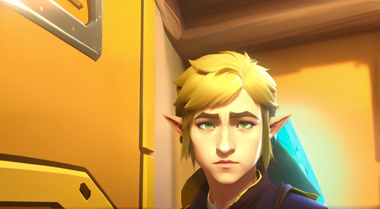 (extremamente detalhado CG unity 8k papel de parede, obra-prima, melhor qualidade, um Elfo com cabelo dourado e roupas verdes, coberto com um cobertor de palha, no estilo do Link, Lenda de Zelda, anime)