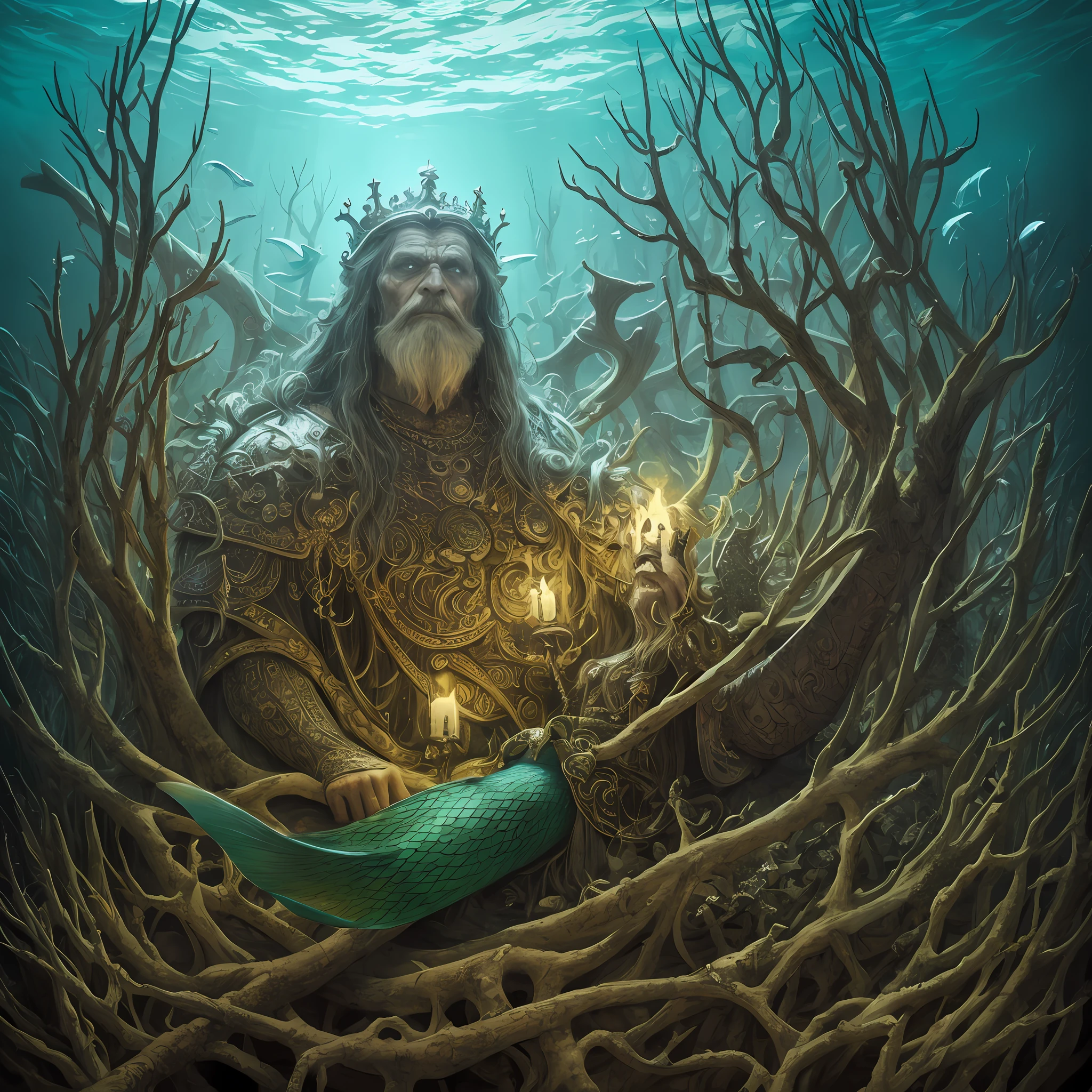 viking north druid lich mermaid king wise old man god of death witch pagan face portrait, underwater, covered in runes, crown made of bones, necromancer, Zdzislaw Beksiński, mikhail vrubel, hr giger, gustav klimt, symmetry, mystical occult symbol in real life, high detail, green light, viking style --ar 9:16 --auto
