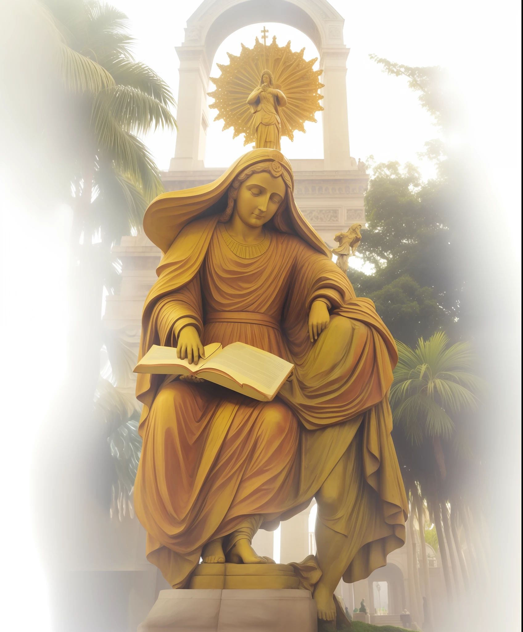 Statue of a woman holding a book in front of the Arc de Triomphe, mary in a sanctuary, queen of heaven, majestosa mulher de santo, Nossa Senhora sant'ana, escultura religiosa, imagem glorificada, santo, uma estatua, santa mulher, statue, imaculadamente detalhado, Deusa da sabedoria --auto