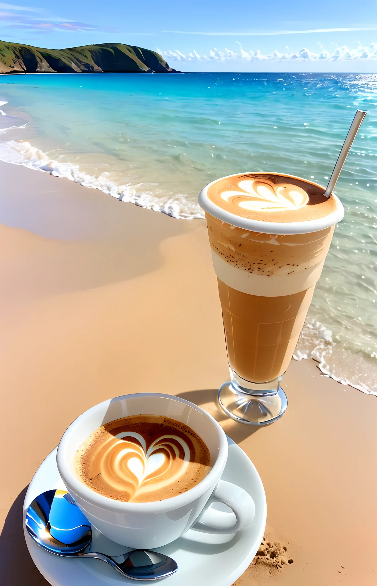 A beautiful sunny day on a beach sipping coffee