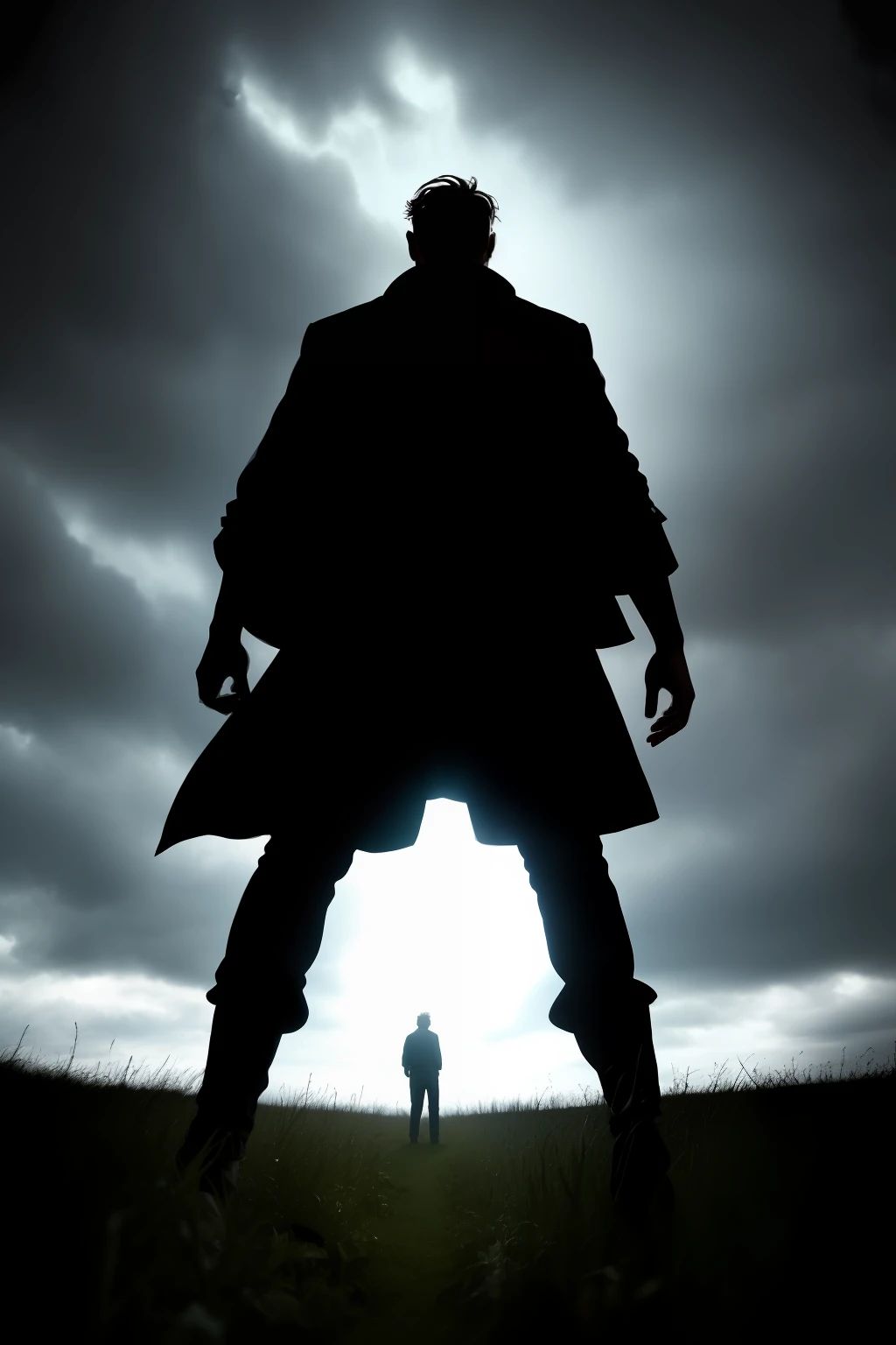 Um encontro entre homem e sabio , com sabio emanando seriedade e sabedoria. In a field and with man emanating anger and darkness.