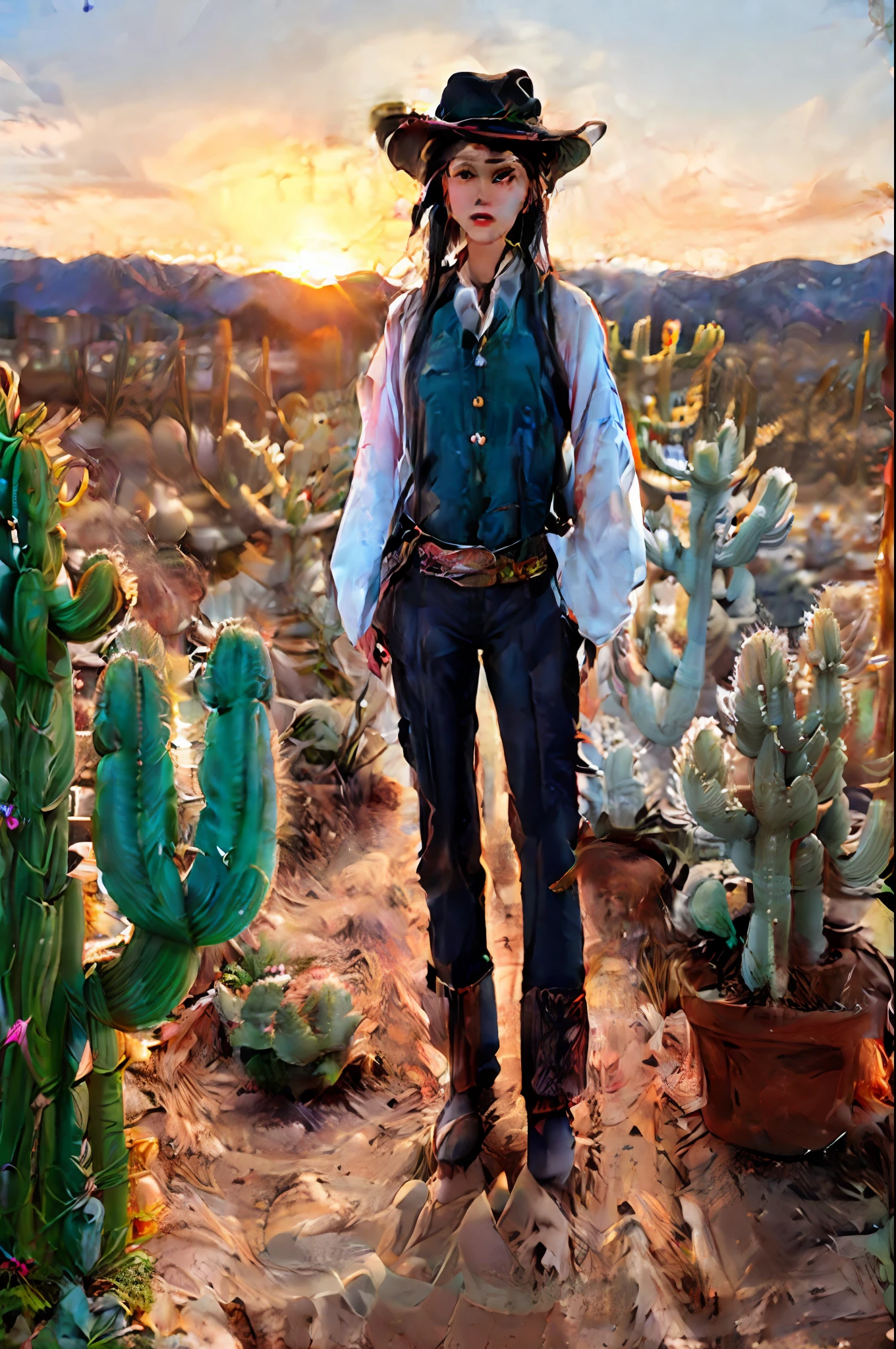 1girl, cowboy, cowboy hat, cargo pants, boots, cowboy vest, sheriff medal, (cactus:1.5), (black hair), (yellow eyes), solo focus, (magic circle:1.15), (depth of field, ambient lighting, blurry foreground, blurry background:1.3), atmospheric, (wild west:1.4), desert, cactus, light flares, intricate details, enhanced lighting, tumbleweed, (full body:1.2), (sunset:1.3), hands on hips, pose, lens flare, dew drop