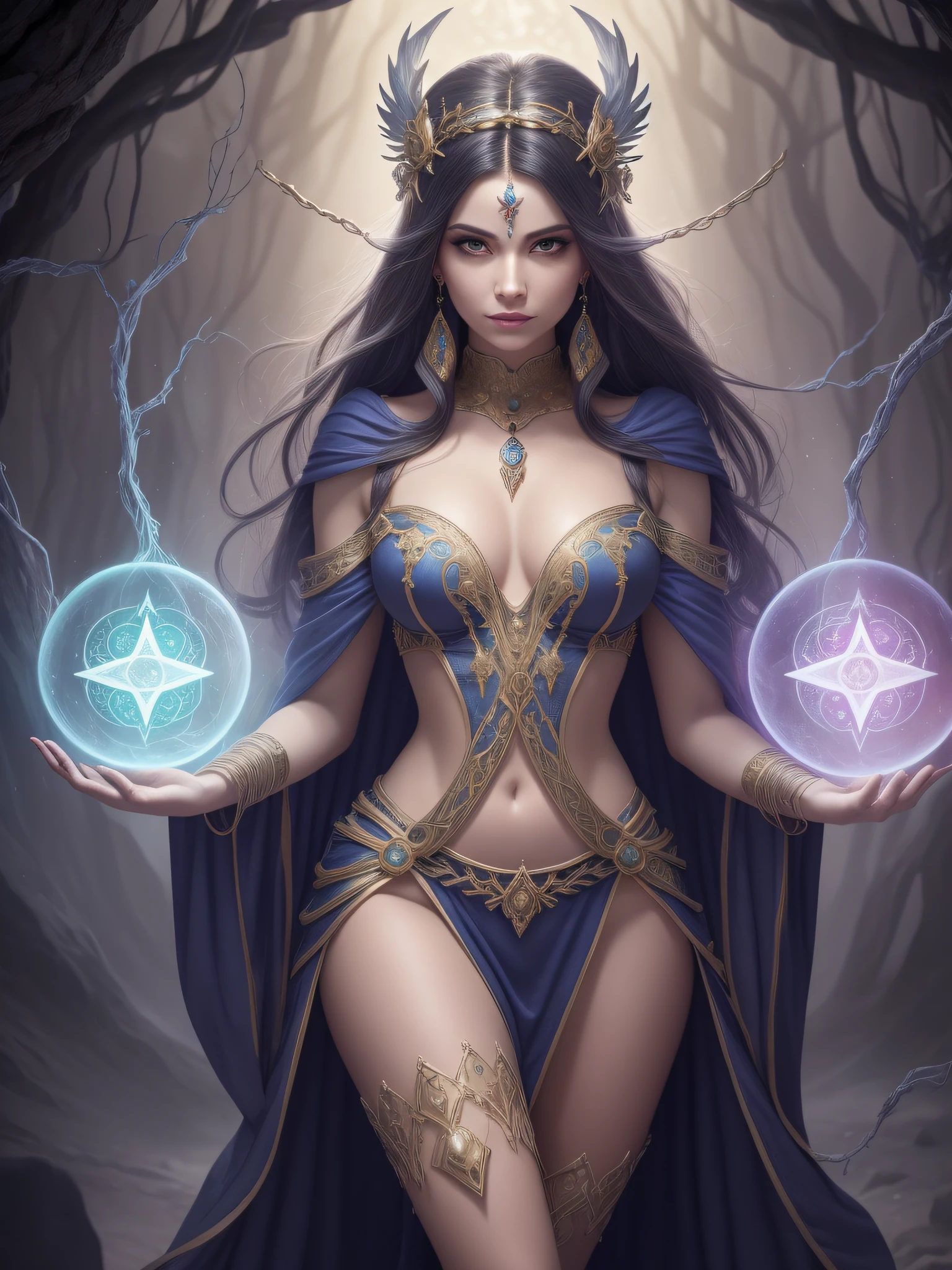 a beautiful sorceress, (full body image, large breasts, revealing outfit), (perfect anatomy), in a gloomy cave. Create an enchanting artwork that showcases the sorceress's allure, power, and the mystical ambiance of her surroundings.
Position the sorceress as the central figure in the composition, radiating confidence and magic. Pay close attention to her facial expression, emphasizing a mix of wisdom, mystery, and determination. Capture her beauty through intricate details in her features and a sense of ethereal grace in her pose.
Design an elaborate robe for the sorceress, combining elegance and hints of otherworldly elements. Use flowing fabrics, rich textures, and ornate patterns to convey her status as a master of the arcane arts. Consider incorporating symbolic motifs that represent her magical prowess, such as celestial symbols or arcane runes.
Set the scene within a gloomy cave, bathed in dim lighting. Use deep shadows and contrasting highlights to create a sense of mystery and depth. Add details to the cave walls, such as ancient symbols, glowing crystals, or creeping vines, to enhance the magical atmosphere and hint at hidden secrets.
Illuminate the sorceress with a soft, ethereal light source emanating from her hands or a magical artifact. Use this lighting to create an otherworldly glow that adds a sense of enchantment and draws attention to her magical abilities.
Surround the sorceress with subtle magical elements to further enhance the scene. This could include floating orbs, wisps of mystical energy, or arcane symbols lingering in the air. These elements will contribute to the overall ambiance and convey the sorceress's connection to the arcane forces she commands.