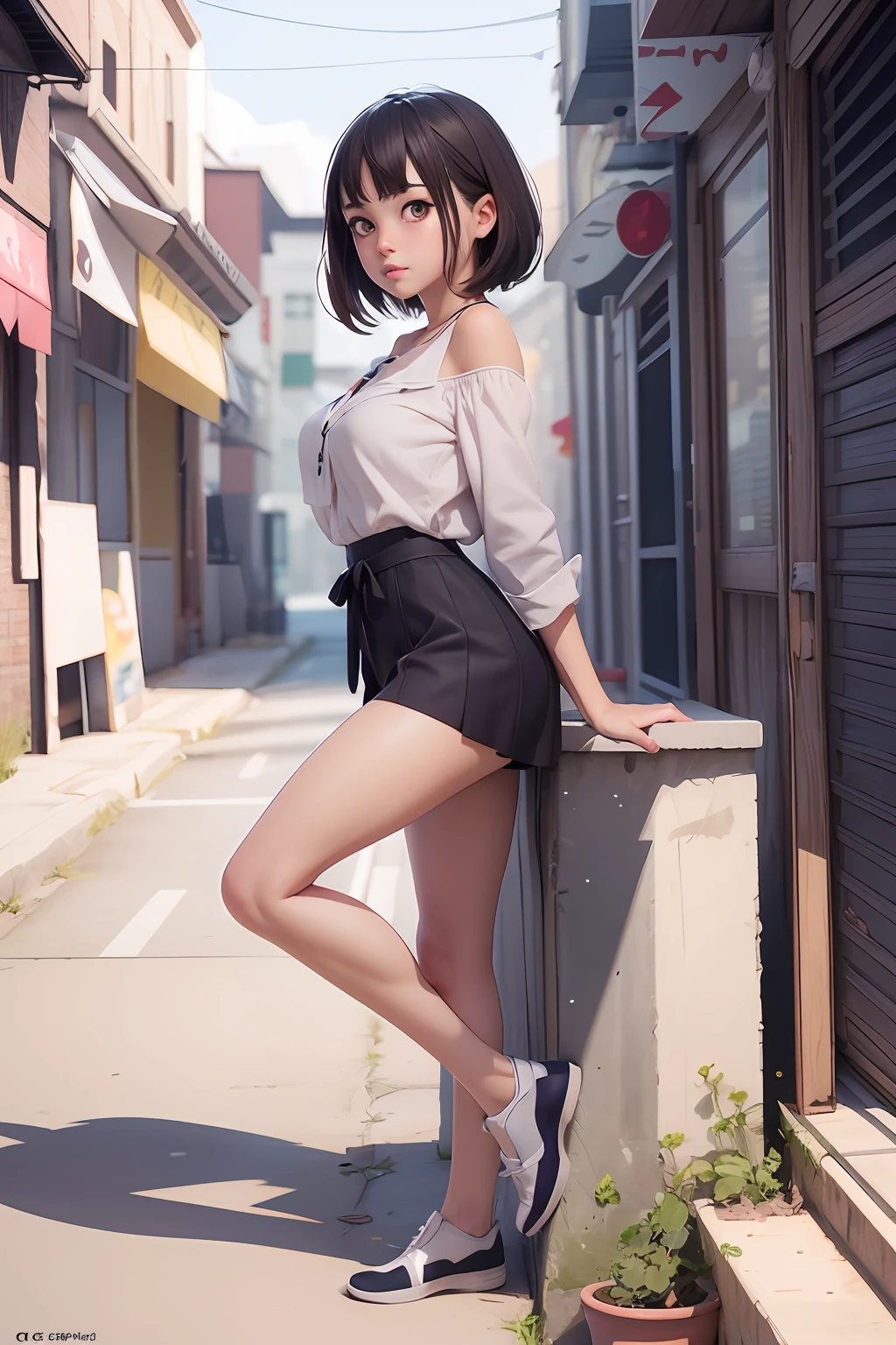 anime girl posing on a wall in a short skirt and white shirt, realistic anime 3 d style, smooth anime cg art, casual pose, seductive anime girl, beautiful anime girl squatting, anime style. 8k, photorealistic anime, a hyperrealistic schoolgirl, photorealistic anime girl render, at a city street, trending on cgstation, anime styled 3d