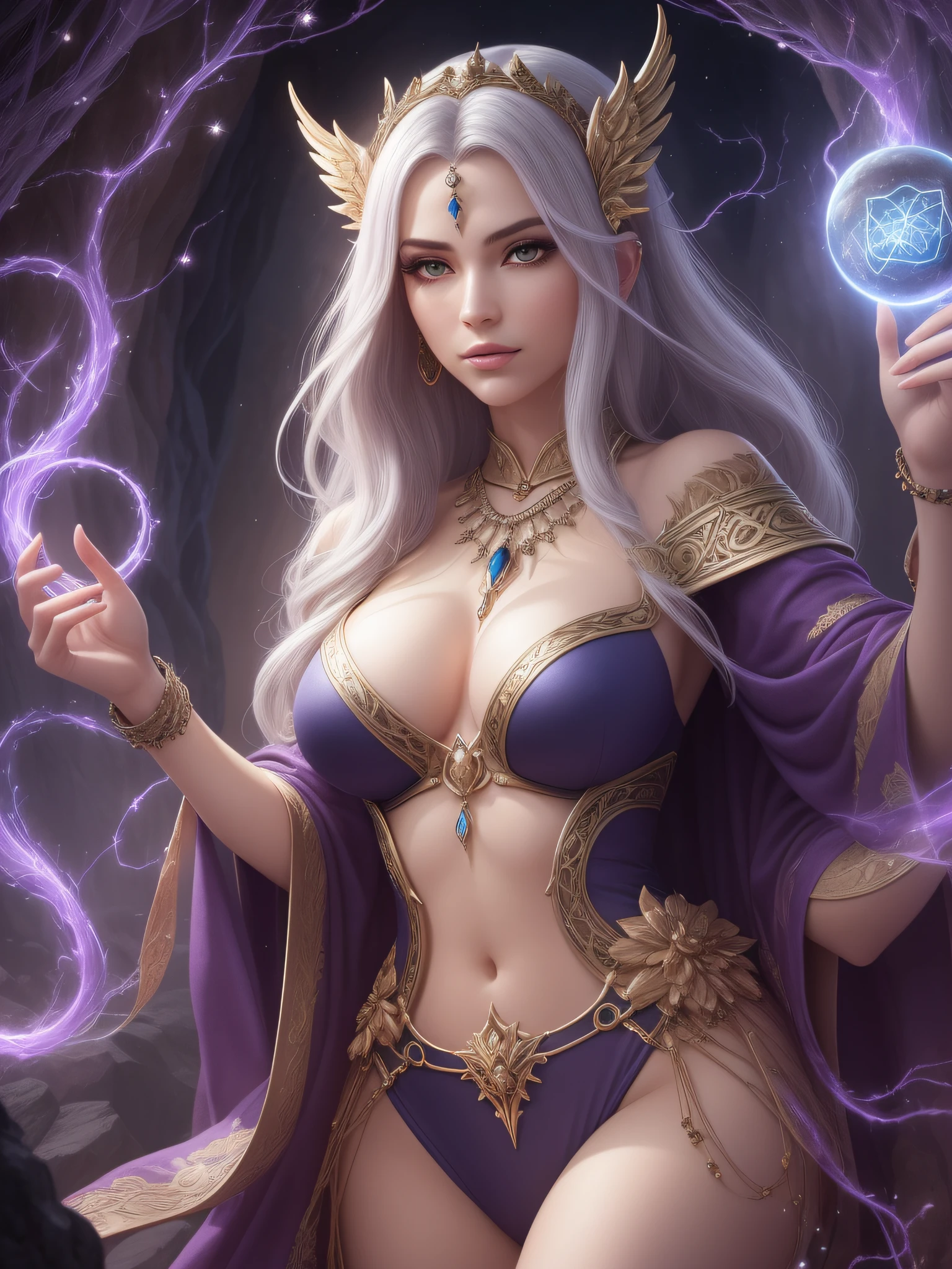 a beautiful sorceress, (full body image, large breasts, revealing outfit), (perfect anatomy), in a gloomy cave. Create an enchanting artwork that showcases the sorceress's allure, power, and the mystical ambiance of her surroundings.
Position the sorceress as the central figure in the composition, radiating confidence and magic. Pay close attention to her facial expression, emphasizing a mix of wisdom, mystery, and determination. Capture her beauty through intricate details in her features and a sense of ethereal grace in her pose.
Design an elaborate robe for the sorceress, combining elegance and hints of otherworldly elements. Use flowing fabrics, rich textures, and ornate patterns to convey her status as a master of the arcane arts. Consider incorporating symbolic motifs that represent her magical prowess, such as celestial symbols or arcane runes.
Set the scene within a gloomy cave, bathed in dim lighting. Use deep shadows and contrasting highlights to create a sense of mystery and depth. Add details to the cave walls, such as ancient symbols, glowing crystals, or creeping vines, to enhance the magical atmosphere and hint at hidden secrets.
Illuminate the sorceress with a soft, ethereal light source emanating from her hands or a magical artifact. Use this lighting to create an otherworldly glow that adds a sense of enchantment and draws attention to her magical abilities.
Surround the sorceress with subtle magical elements to further enhance the scene. This could include floating orbs, wisps of mystical energy, or arcane symbols lingering in the air. These elements will contribute to the overall ambiance and convey the sorceress's connection to the arcane forces she commands.