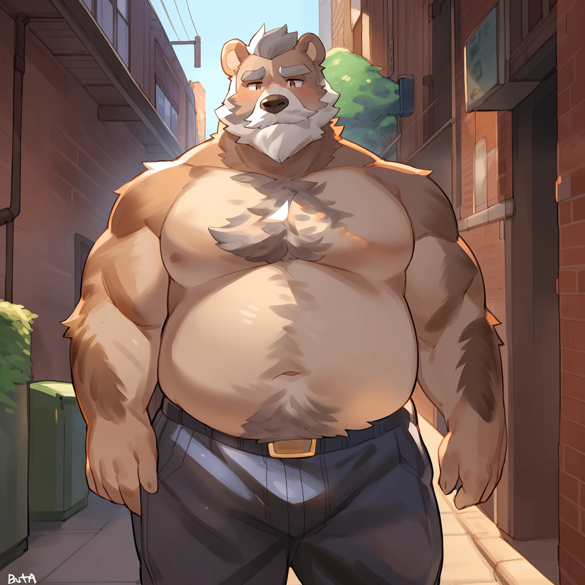 Alleyway, golden hour, plants, solo, male, old, mature, overweight, grey hair, short hair, beard, mustache, hairy chest, brown fur, brown body, bear, heavy, large, big, thick, by buta99, by bebebebebe