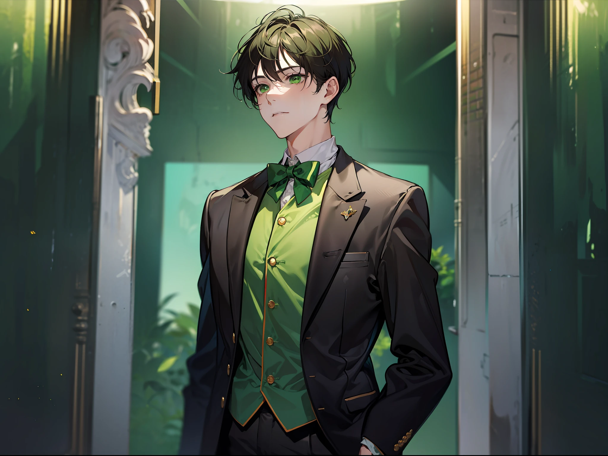 A man with short black hair, tall, wearing a green blazer, standing