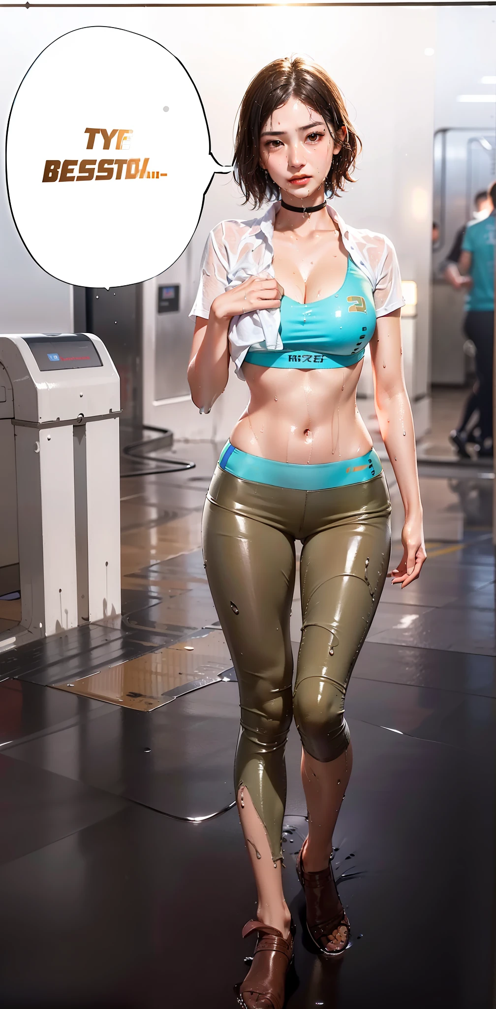 Quality - (masterpiece:1.5), (best quality:1.5), high quality, 8k, ultra hi res, super detail, highly detailed, ultra detailed, (intricate details), ((detailed face:1.5)), (detailed eyes:1.5), realistic, (hyper realistic:1.5), (photo realistic:1.5), (real picture). Style - Hyperrealism, Realism.Location - Japanese subway car with random pedestrians inside. Subject - (1girl), (PureErosFace_V1:0.7), young woman with short brown hair, pure tan skin, sweaty skin, hazel eyes. Dripping wet, sweaty body