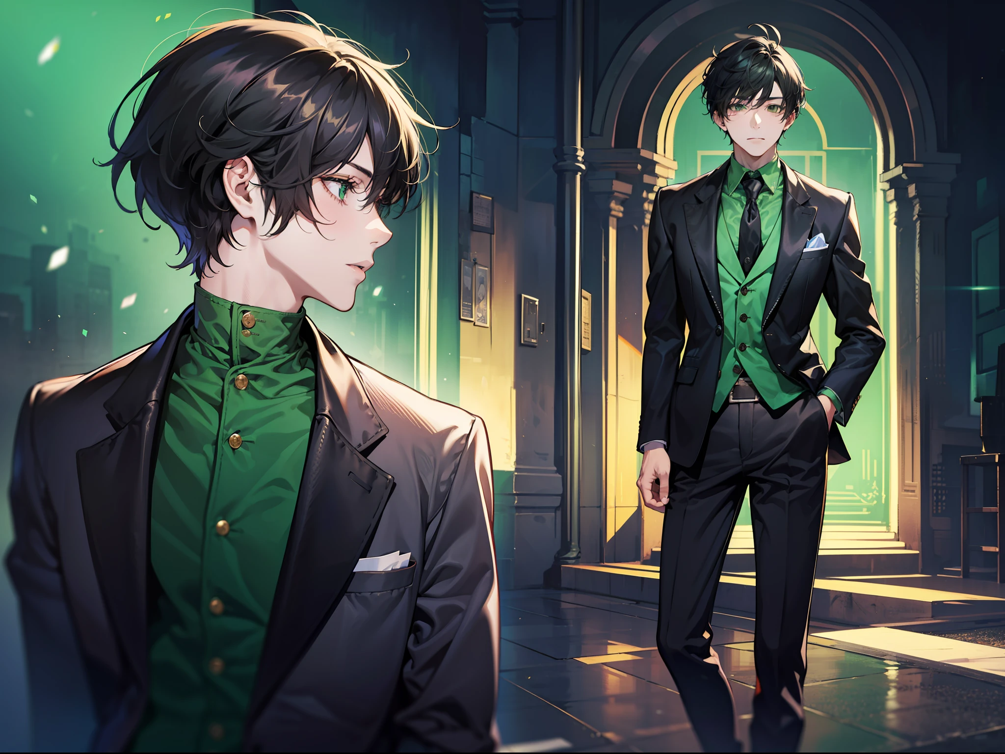 A man with short black hair, tall, wearing a green blazer, standing