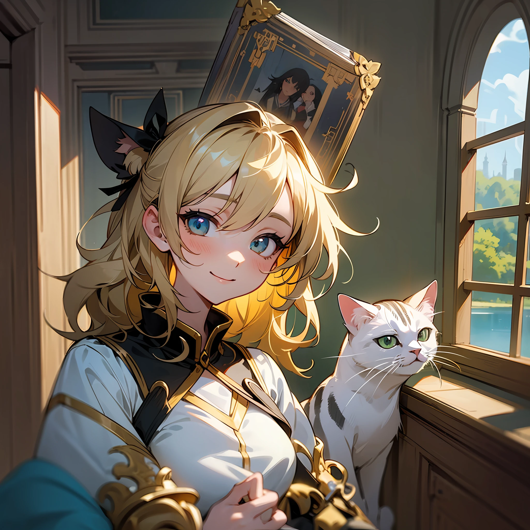 sthe highest qualit, masterpiece, anime style、、、、、、( 水彩画0.8),I want an ebook cover as if it were an illustration, containing a 10-sena-old girls, Brunette, Window、Outside is a lake、with a book in her hand, and a beautiful pet cat, in a beautiful and golden old castle, the girl is super happy and smiling ,Super beautiful background drawn by WLOP,, Looking at the viewer gently and affectionately, like a goddess --auto --s2
