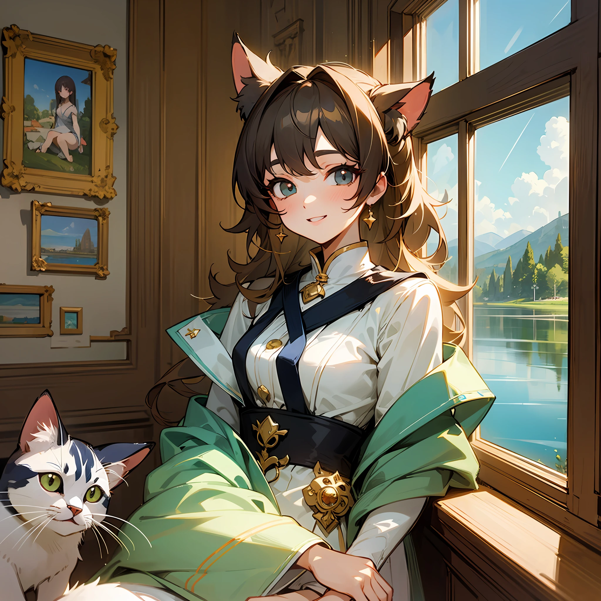 sthe highest qualit, masterpiece, anime style、、、、、、（ 水彩画0.8）,I want an ebook cover as if it were an illustration, containing a 10-sena-old girls, Brunette, Window、Outside is a lake、with a book in her hand, and a beautiful pet cat, in a beautiful and golden old castle, the girl is super happy and smiling  ,Super beautiful background drawn by WLOP,, Looking at the viewer gently and affectionately, like a goddess --auto --s2