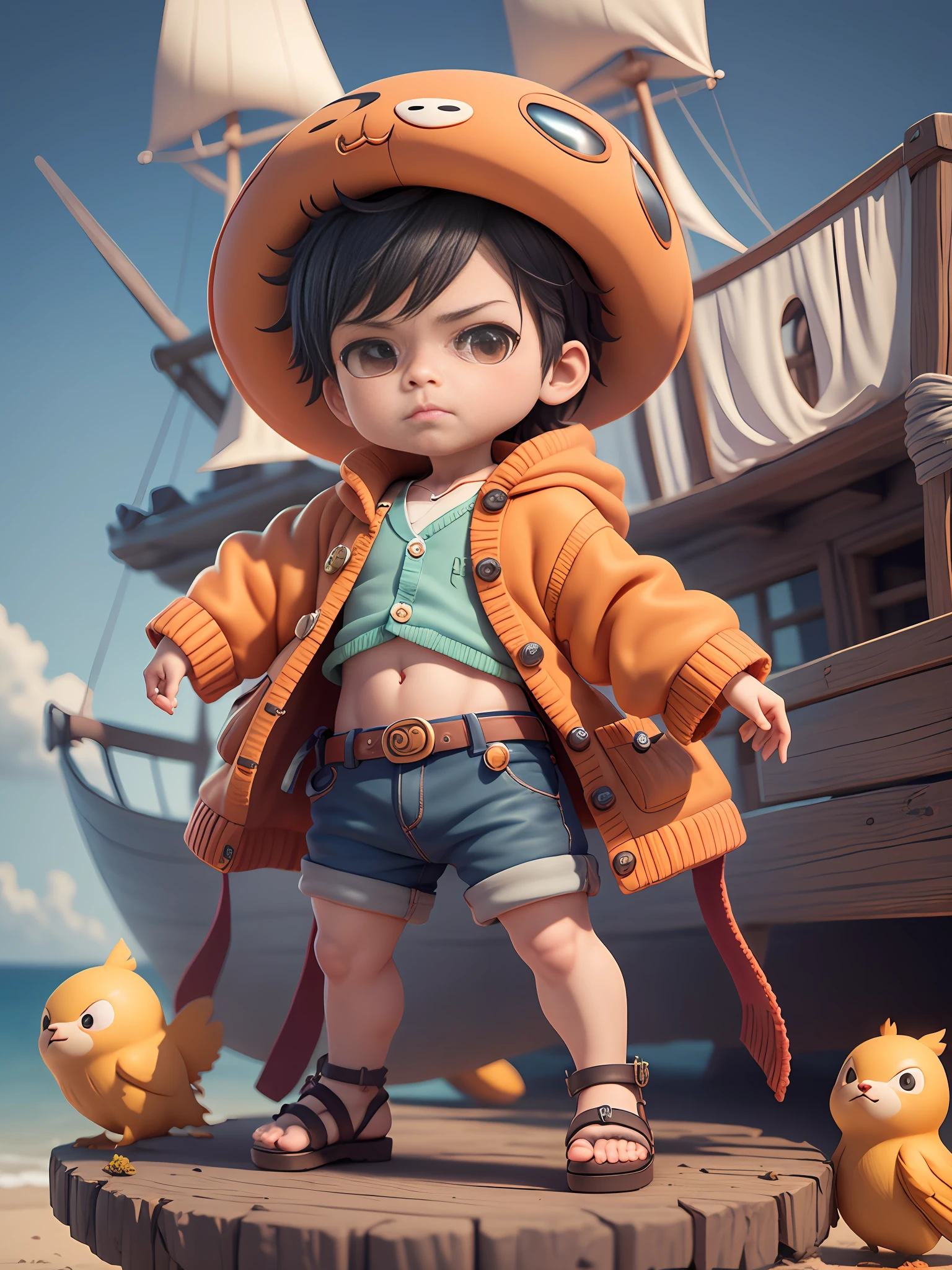 bonitinho 3d render, arte digital detalhada bonito, explorador masculino mini ****** bonito, pintura digital bonito, stylized 3d render, arte digital bonito, bonitinho render 3d anime boy, Luffy, o pequeno pirata olha para cima, bonitinho! c4d, Retrato Anime Sea Pirate Boy, ((he is wearing an open long-sleeved red cardigan with four buttons, com uma faixa amarela amarrada na cintura, blue shorts with cuffs, sandals)), ((standing in a pirate ship)).