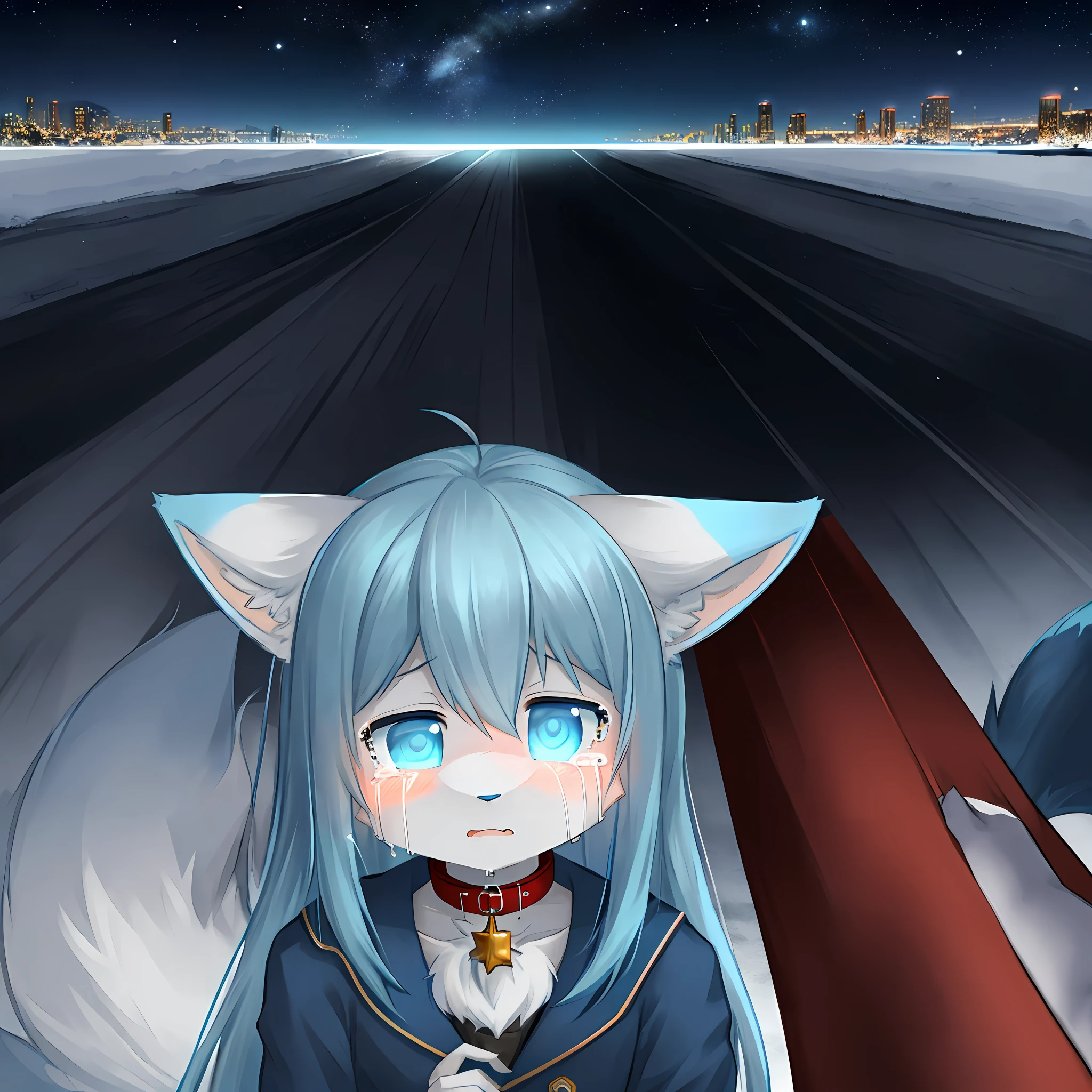 very, very beautiful furry art, furry art!, pov furry art, shota, long hair, blue eyes, glowing eyes, girl boy, neon city, snowfall, midnight, fox ears, navy blue ears, fox tail, dark blue fox, dark blue jacket, cute, collar, two tails, space katana, The god,, fur body, full body, lower body is, snow fox, charactor, Masterpiece、,, Fluffy Tail, current, Bashful,, NSW, Highest picture quality, 8K, Full Hd, four-eared fox, winter,, own character,, National Science Foundation, light blue hair, 10 years, humanoid, child, gallows, struggling, begging for mercy, crying, kill