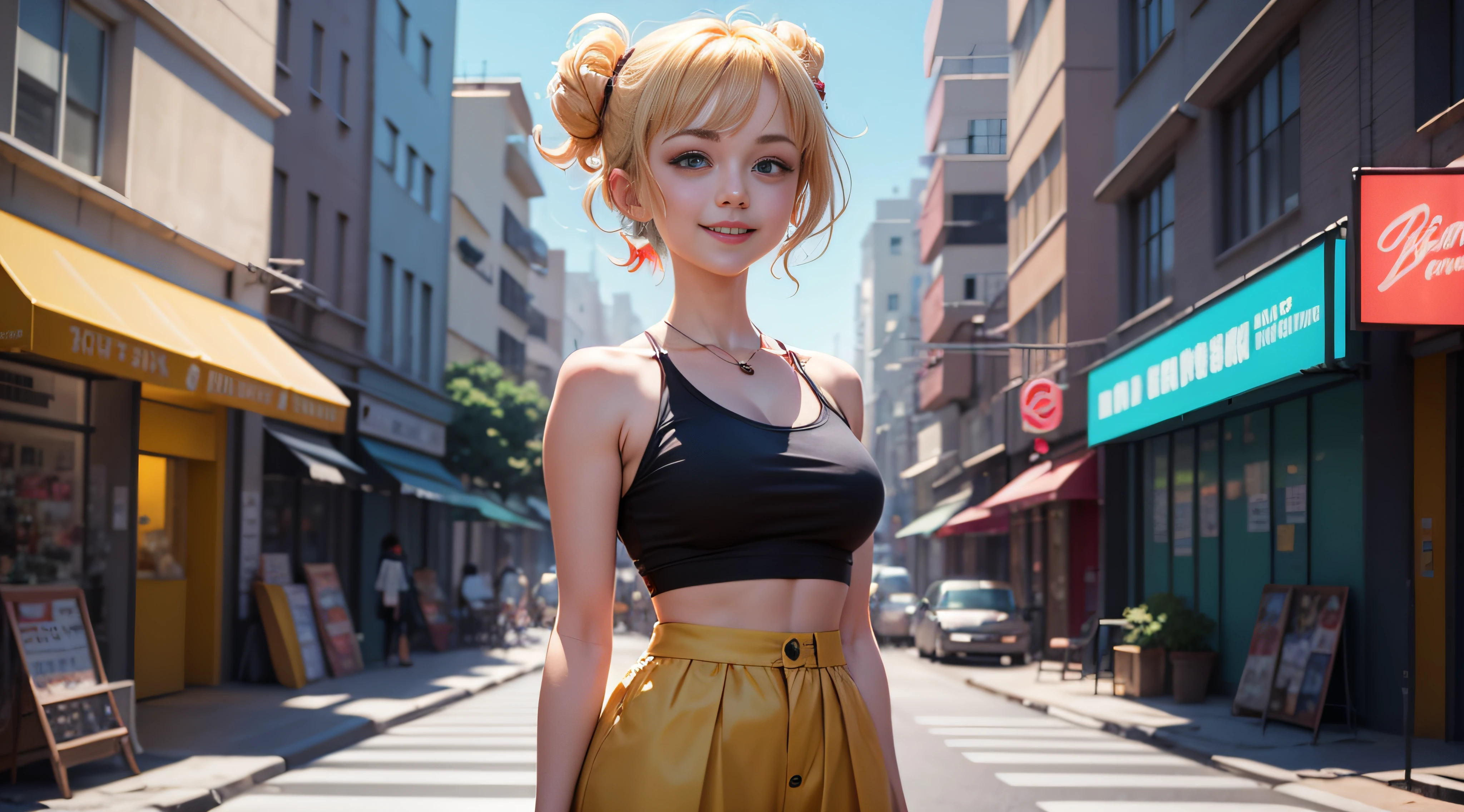 Blonde anime girl in a black top standing big bust smiling on a neon anime style city street. 8k, fanart urbana, digital anime illustration, estilo animê 4 k, arte digital do anime , arte digital estilo anime, elogiar artstyle, anime style illustration, menina Art not Guweiz style, estilo anos 80 anos 80s 1980 digital | | | | | | - arte de anime, em estilo anime anime anos 1980 --auto