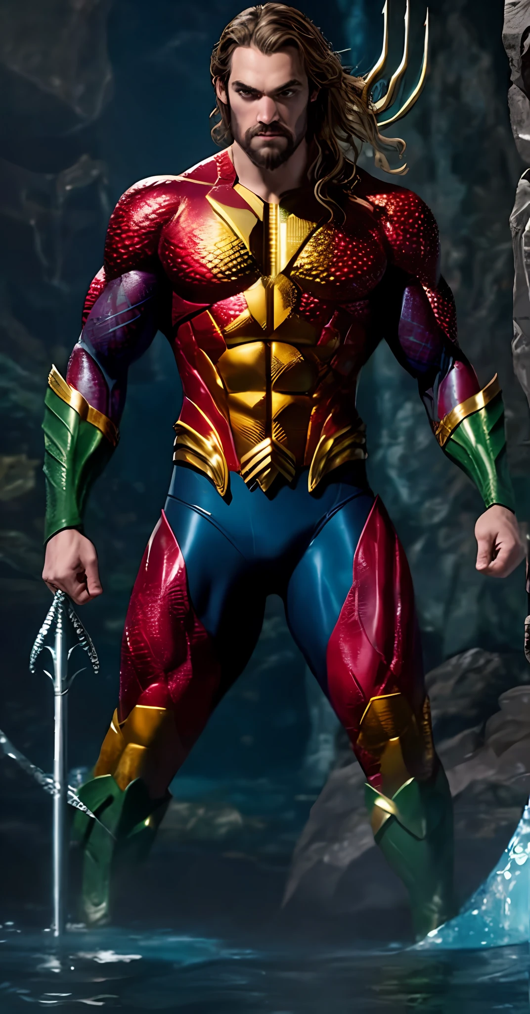 "Aquaman, the DC hero, com seu traje clássico em uma imagem de alta resolução em 8K." Detalhes em alta resolucao