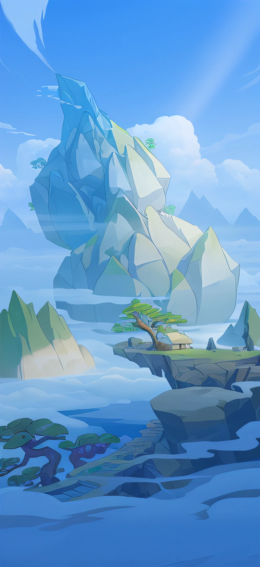 There is a cartoon picture,There is a gourd-shaped mountain in the middle, island background, background art, mobile game background, avatar landscape, legend of korra setting, isometric island in the sky, dojo on a mountain, mountainous background, 2 d game art background, Distant mountain background, anime landscape, flying island in the sky, background artwork ,HD refinement ,吉普赛4k出图 --auto