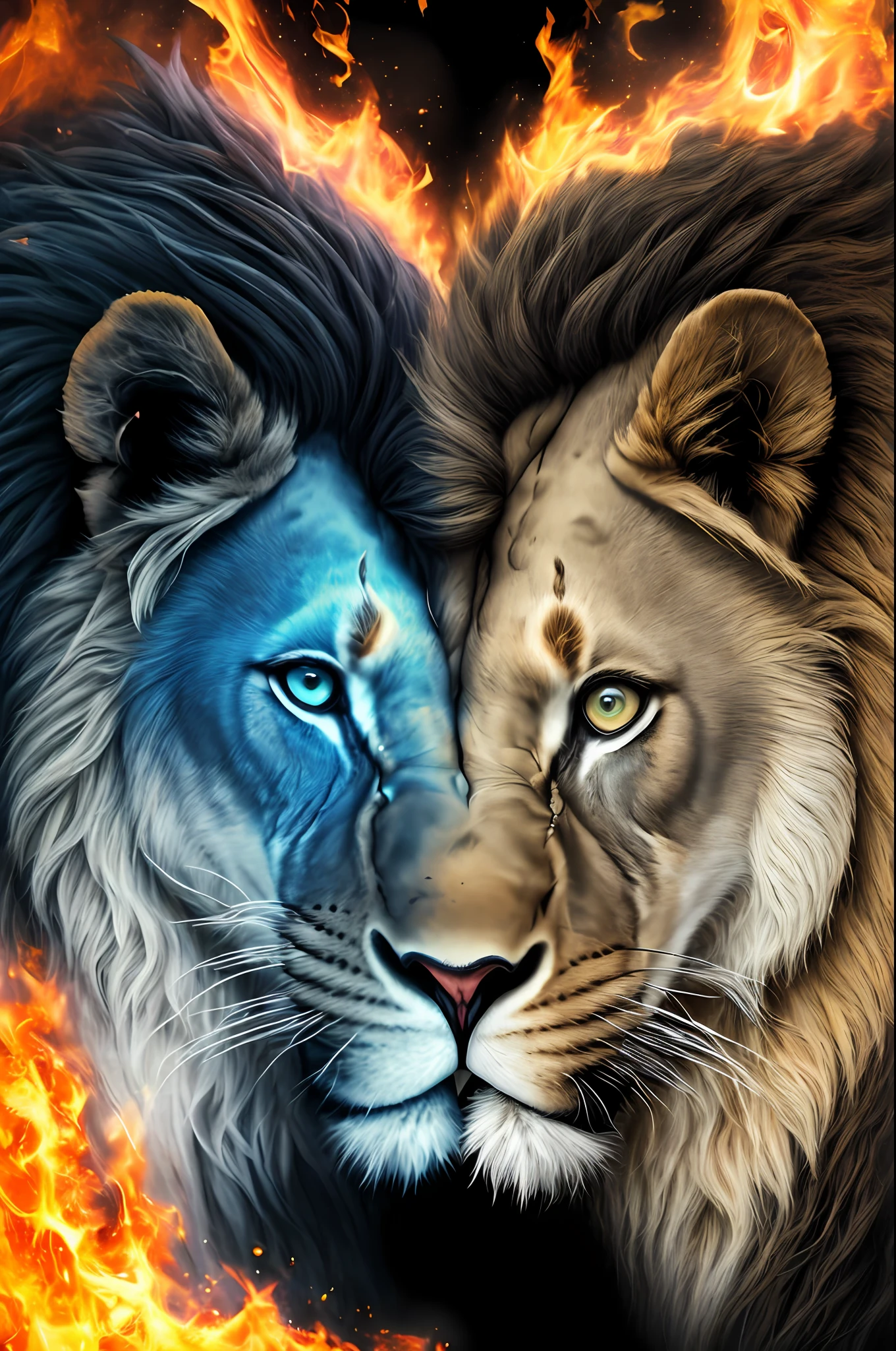 painting of two lions facing each other with flames in the background, fogo e gelo, fogo laranja/dualidade gelo azul!, lions, gelo e fogo, leao de fogo, incredible art, bela arte digital, half lion, Direction: Howard Lyon, O melhor no Adobe Stock, roaring blue lion. majestoso, fierce expression 4k, arte digital altamente detalhada, Direction: Galeno Dara