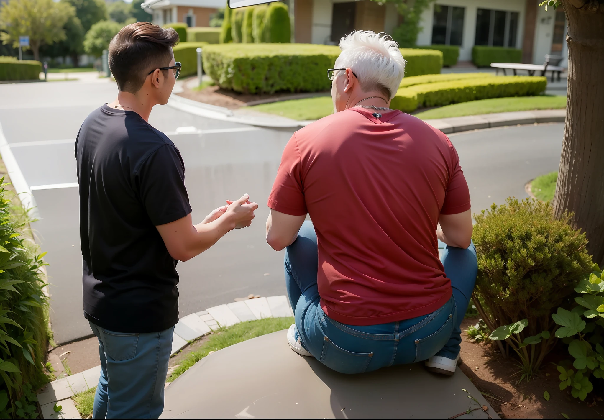 an old man and a young man talking the two are on their backs