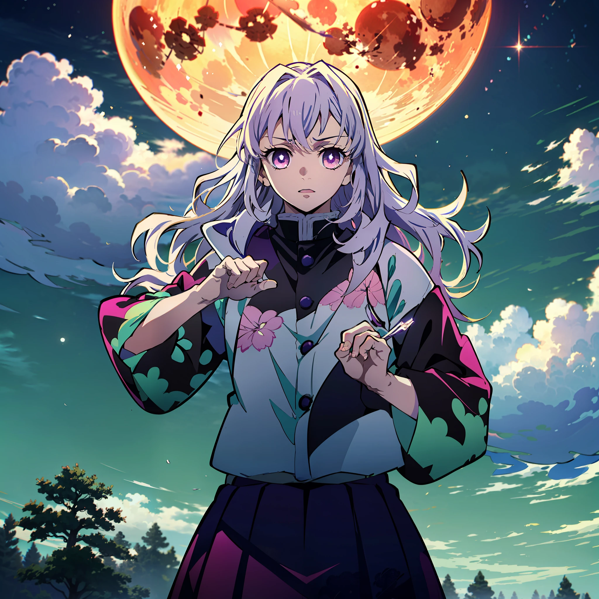 anime,((very good quality)), (Bestquality), fille immobile (Jeunes et petits), (Forest with full moon), cheveux blanc coiffer (long), ((pink eyes with pupil star)), Japanese clothes, manteau violet ouvert ((purple with cloud print pattern)), ((dark purple shirt and skirt)), Art the Demon Slayer, Demon Slayer Artstyle, Kimetsu no yaiba, slayer uniforme
