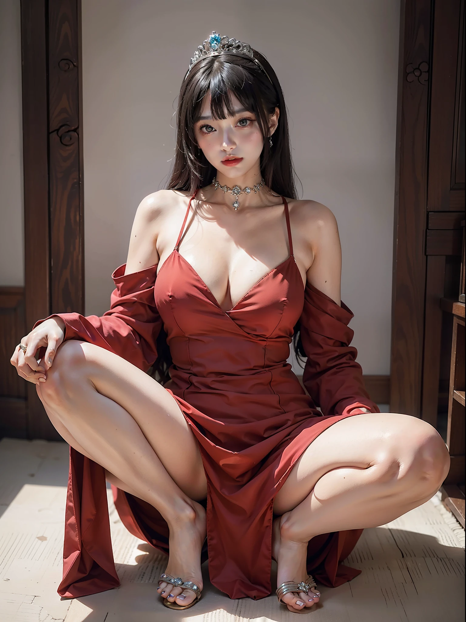 Araki woman in translucent red dress sitting on chair, spread her legs, beautiful fantasy queen, Japanese goddess, beautiful seductive anime woman, seductive anime girl, gorgeous Chinese model, elegant and charming cosplay, ((beautiful fantasy queen)), full body wearing translucent red robe, popular on cgstation, y dress, cute queen, sexose, beautiful elegant demon queen, (thong), (qi bangs), (ring finger diamond ring), masterpiece, realistic