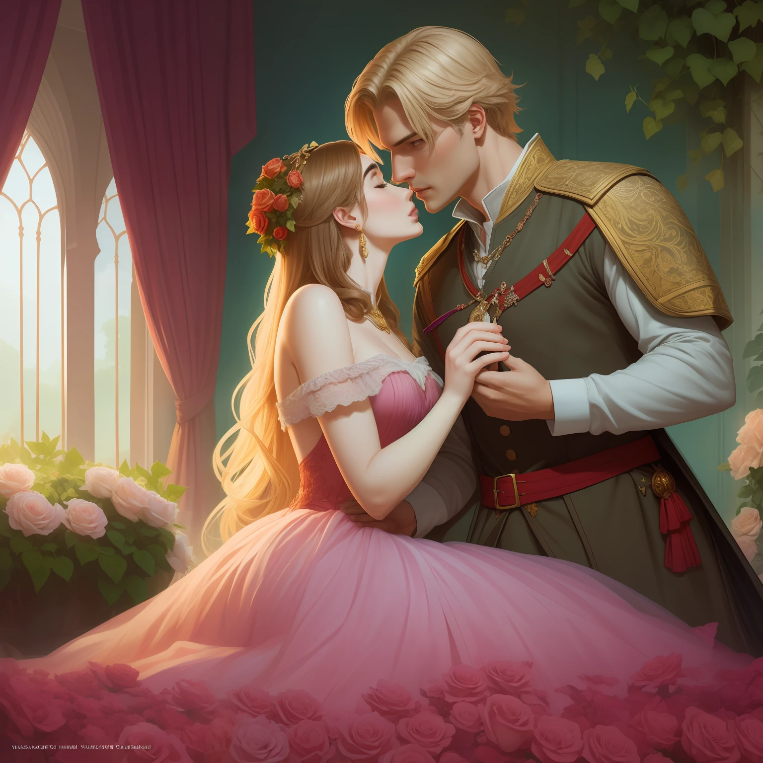 Couple kisses a home and a woman with great affection, the man Neels Visser is a prince who has golden blond hair, wears a medieval military outfit and is in love with the commoner the woman Lily Collins, who has black curly dark hair and wears a dress red, illustration of a romance book cover with a detailed, smooth, bright background filled with ivy-covered flowers and red roses, castle, ornate dress standing on a bed of roses, rim light, dynamic lighting, ethereal lighting, ultra detail, concept art, elegant, surreal, art by Lisa Aisato, Greg Hildebrandt, Citemer Liu, Stjepan Sejic, Samyang, Aykut Aydogdu, Justin Gerard, Alphonse Mucha, Artgerm, WLOP and Greg Rutkowski