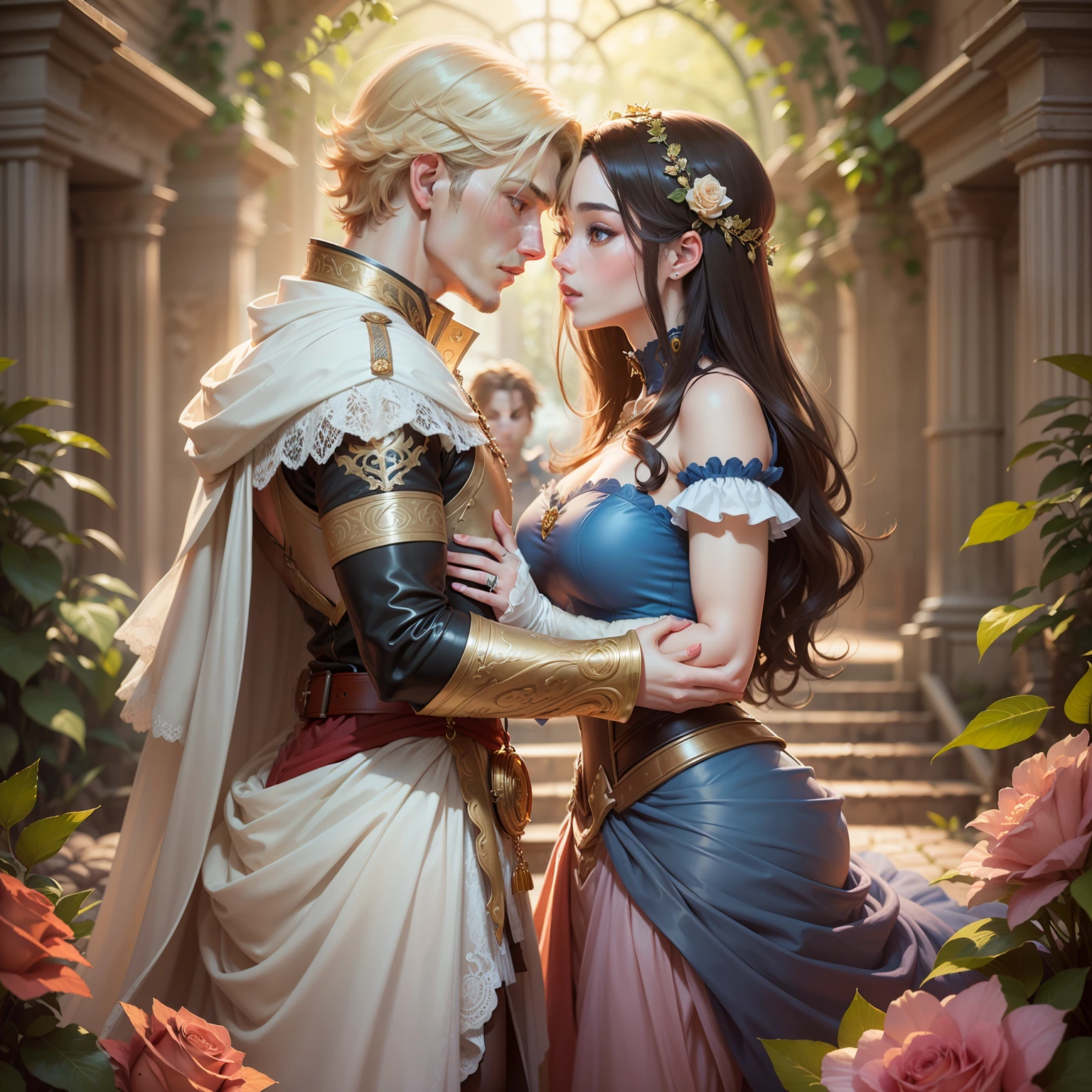 Couple kisses a home and a woman with great affection, the man Neels Visser is a prince who has golden blond hair, wears a medieval military outfit and is in love with the commoner the woman Lily Collins, who has black curly dark hair and wears a dress red, illustration of a romance book cover with a detailed, smooth, bright background filled with ivy-covered flowers and red roses, castle, ornate dress standing on a bed of roses, rim light, dynamic lighting, ethereal lighting, ultra detail, concept art, elegant, surreal, art by Lisa Aisato, Greg Hildebrandt, Citemer Liu, Stjepan Sejic, Samyang, Aykut Aydogdu, Justin Gerard, Alphonse Mucha, Artgerm, WLOP and Greg Rutkowski