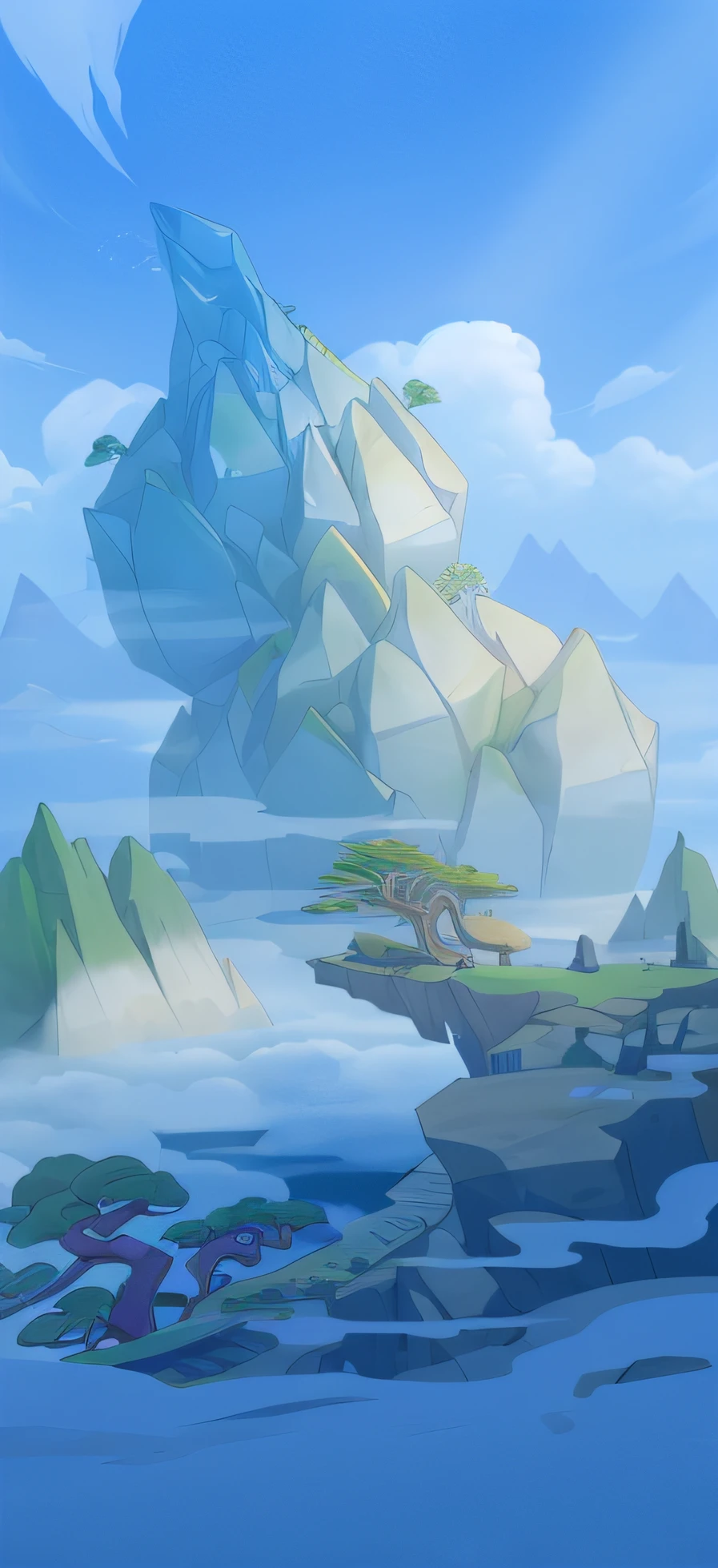 There is a cartoon picture,There is a gourd-shaped mountain in the middle, island background, background art, mobile game background, avatar landscape, legend of korra setting, isometric island in the sky, dojo on a mountain, mountainous background, 2 d game art background, Distant mountain background, anime landscape, flying island in the sky, background artwork ,HD refinement ,吉普赛4k出图 --auto