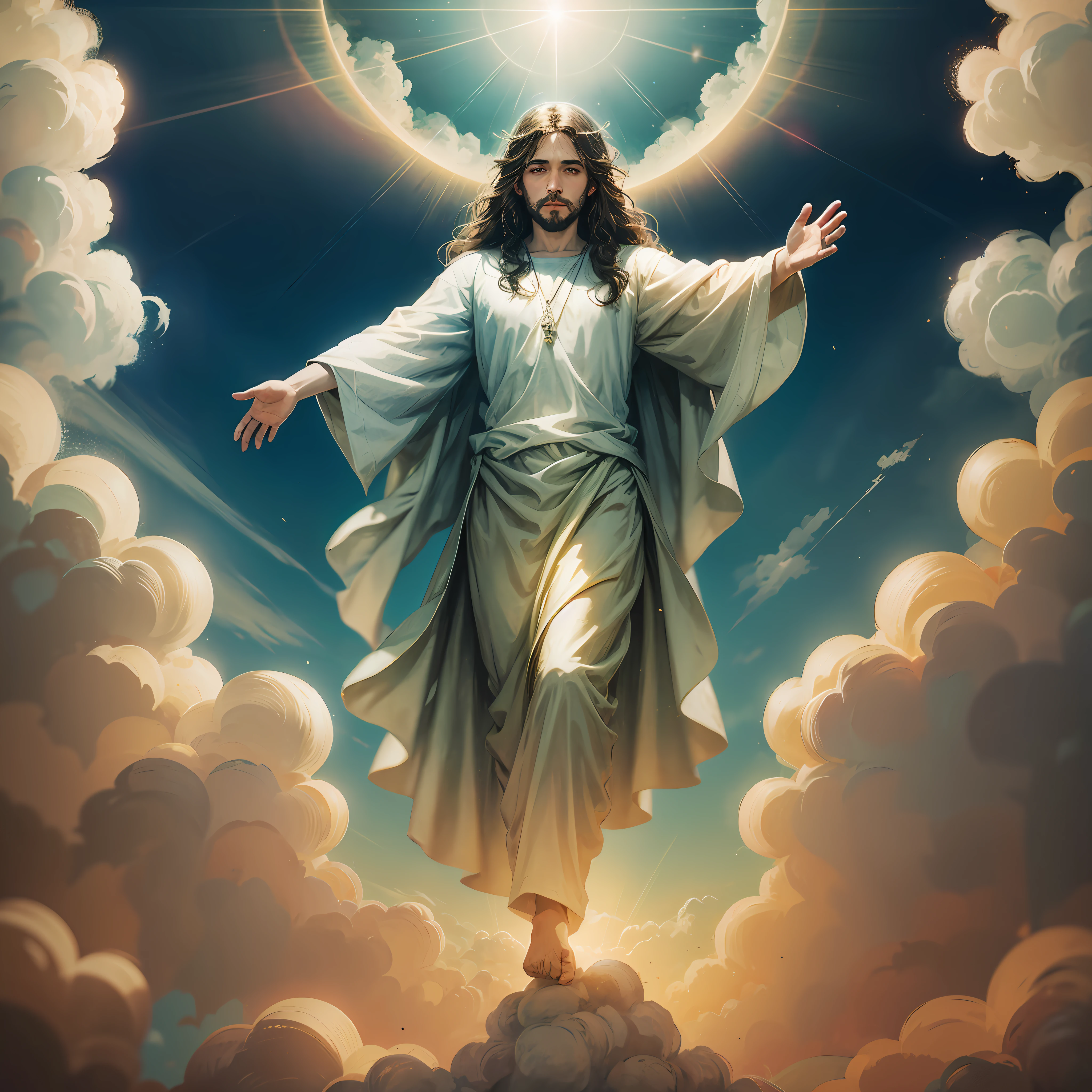 Jesus floating in the air on top of clouds with a light shining brightly on his face --auto --s2