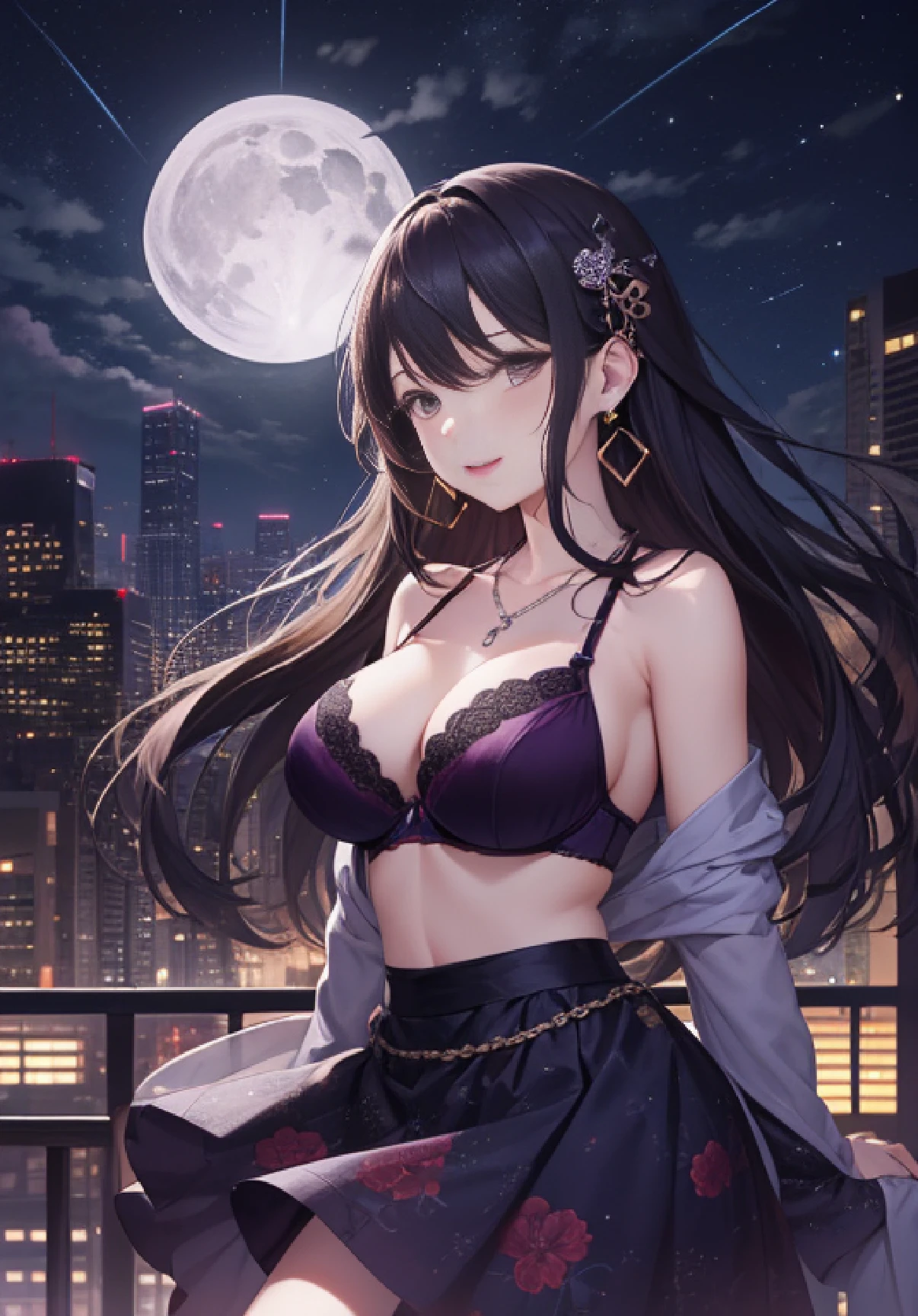 masterpiece,sthe highest qualit,(Night:1.7),zhonggguo, CityView, city lights,Skyscraper,street、、、、、、1girl,jewelry,Earrings,necklaces、posing,smiley face,large breasts,long hair,(arms behind body:1.3), purple skirt, floral print, arafed asian woman in a purple bra top posing for a picture, ai yazawa, sui ishida, Nara Yoshitomo, ayami,