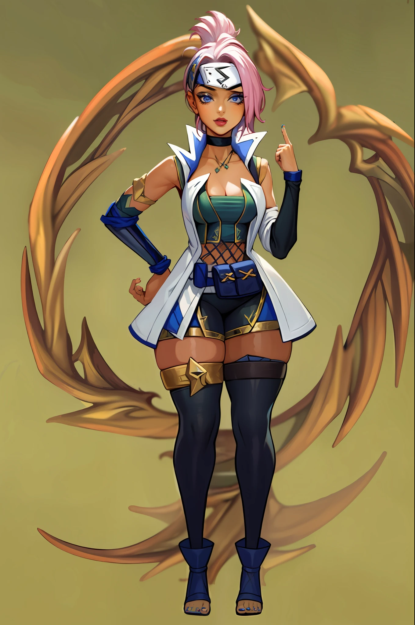 (Masterpiece:1.4), (best quality:1.2), shockblade qiyana, 1girl, headband, naked, black sheer pantyhose, pink hair, full body