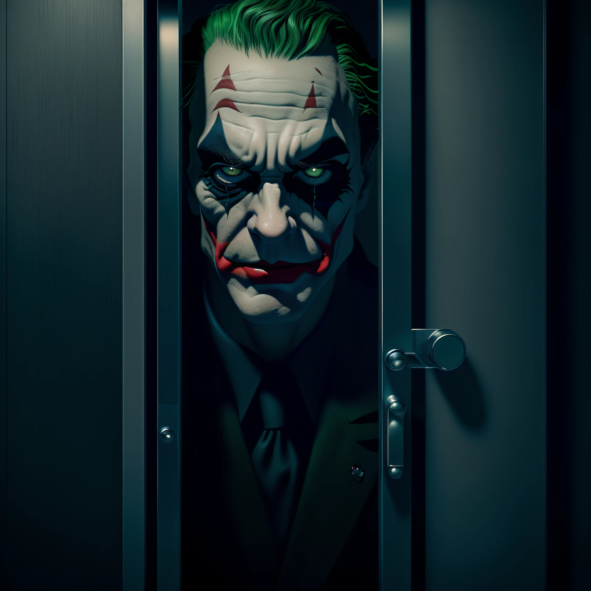 The face of Voyeur, medium close up view, the notorious villain, Joker of the dark knight, voyeuring from slightly opened door, from the slightly opened door in to room, voyeuristic view, hip level shot, Very Detail, photorealistic, octane render of the, unrealengine, 8k resolution