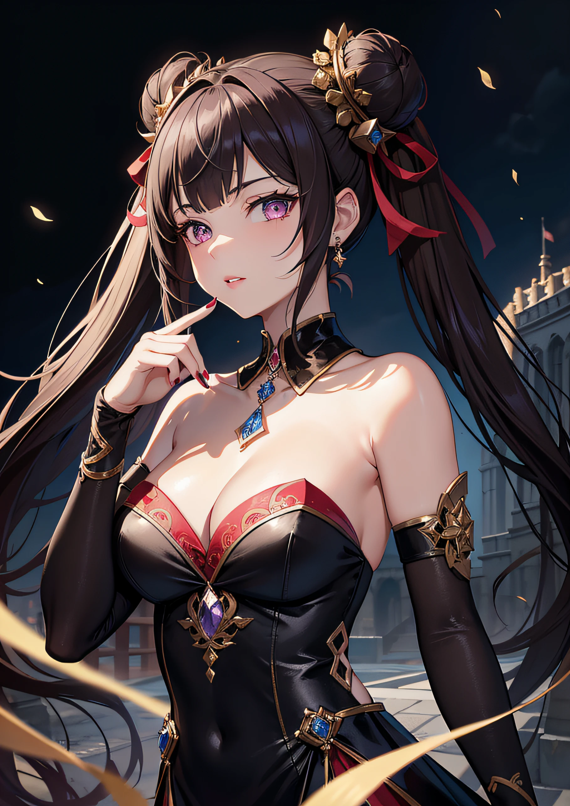 masterpiece,sthe highest qualit,(Night:1.7),zhonggguo, CityView, city lights,Skyscraper,street、、、、、、1girl,jewelry,Earrings,necklaces、posing,smiley face,large breasts,long hair,(arms behind body:1.3), purple skirt, floral print, arafed asian woman in a purple bra top posing for a picture, ai yazawa, sui ishida, Nara Yoshitomo, ayami,