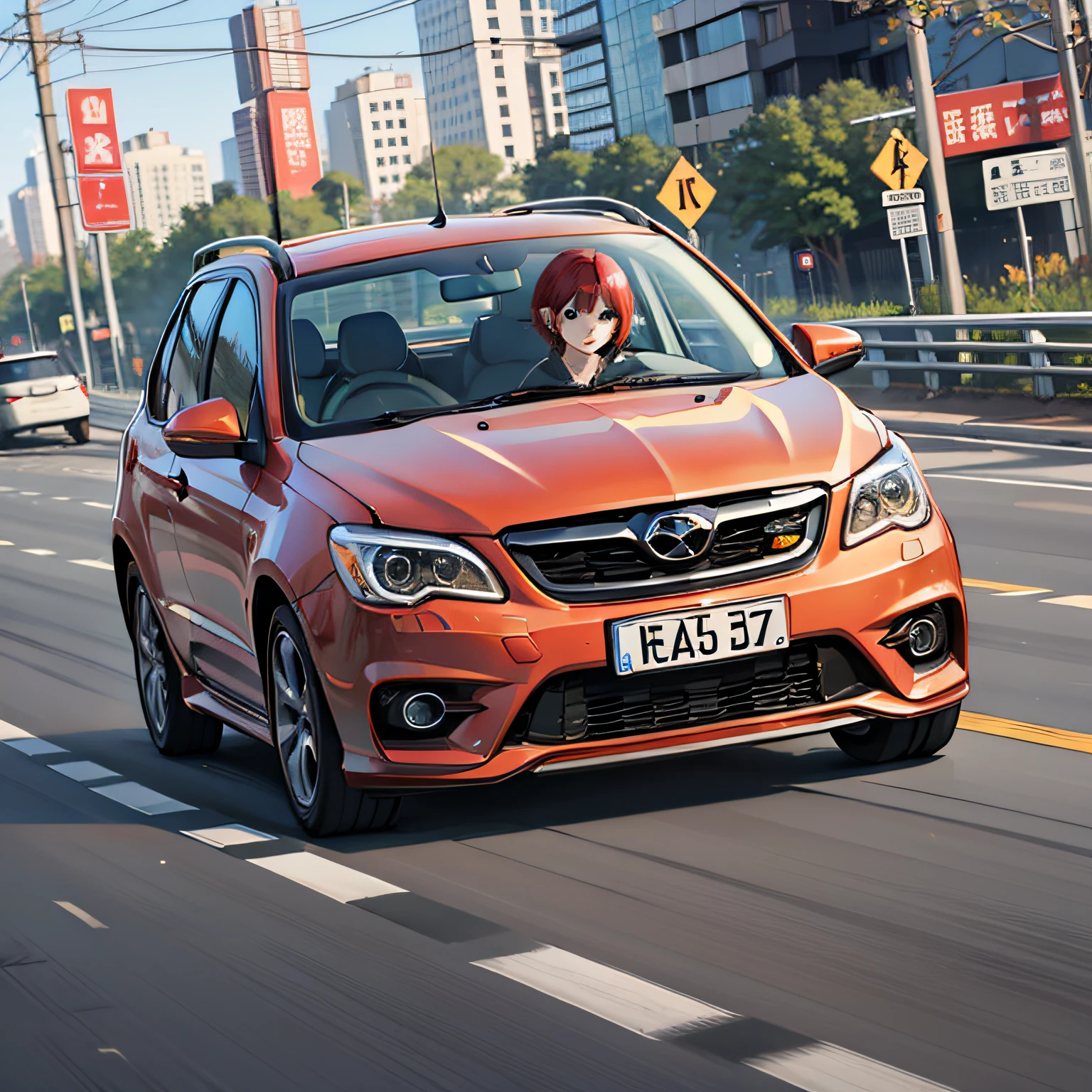 1女人,red short hair,Driving,Car accident,afraid,highway