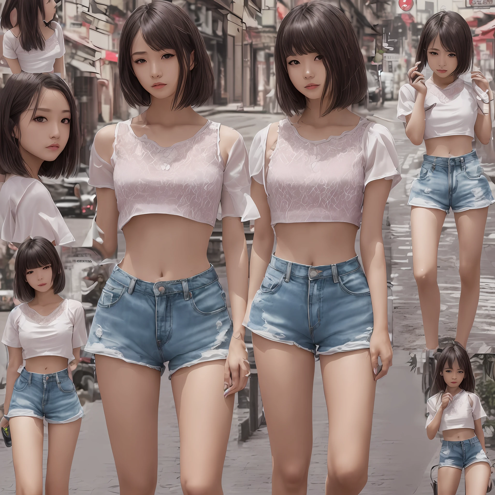 ((sthe highest qualit、8K、Masterpiece、:1.3))、focus:1.2、Perfect Body Beauty:1.4、s ass:1.2、(Layered haircut:1.2))、(Dark Street:1.3)、Very detailed face and skin texture、all body、delicated eyes、Double eyelidd、Whitened Skin、slong hair、(Round Face:1.5)、(Loose Crop Top、Shorts:1.6)、Miss Cabaret --auto