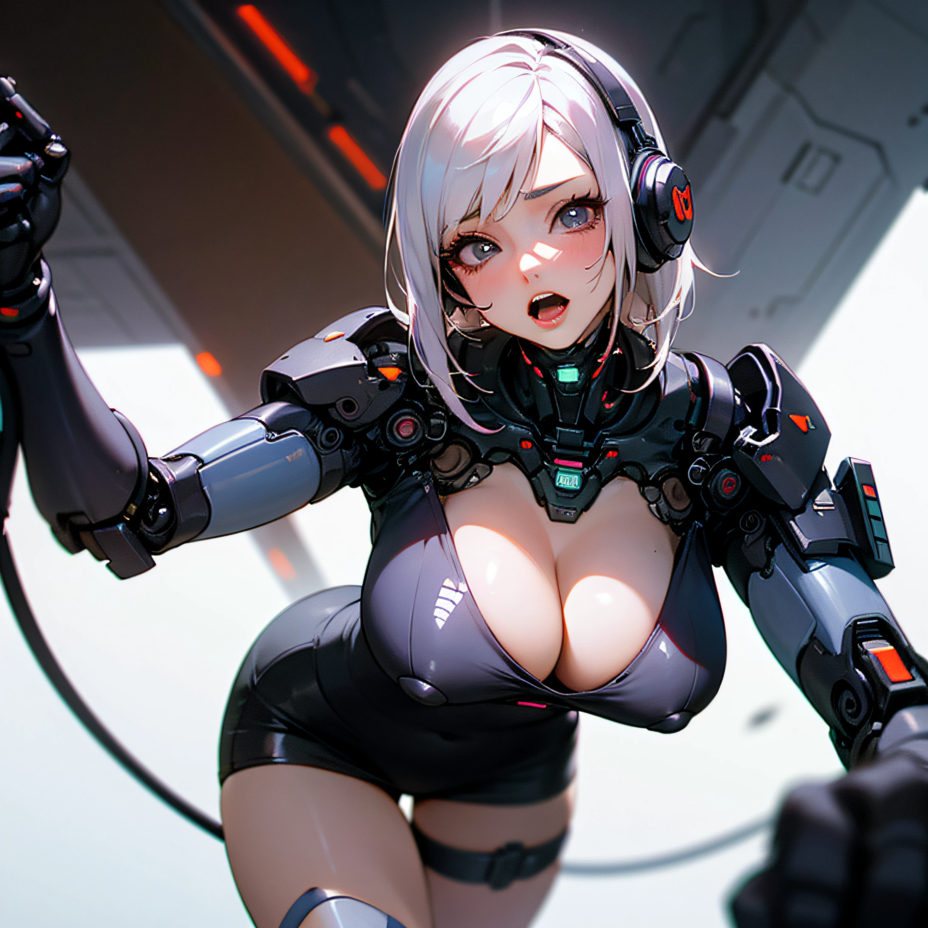 look at camera、Detailed underwear、Realistic of muscles、Beautiful cybernetic girl, Camel Toe、flawless lighting、Perfect body、perfect faces、Yawn with open mouth、Realistic facial features、 Large breasts emphasis、Heavy breasts, Hanging breasts, cleavage, pussyprint, areolas protruding, hentai, sexy pornstar pose、a woman in a short skirt and headphones posing for a picture, cyborg girl, Cyborg - girl, oppai cyberpunk, beutiful girl cyborg, female cyberpunk anime girl, cute cyborg girl, cyberpunk anime girl, beautiful white girl cyborg, perfect anime cyborg woman, cyberpunk 2 0 y. o model girl, perfect android girl, cyberpunk beautiful girl, cyberpunk girl, japanese cyborg --auto