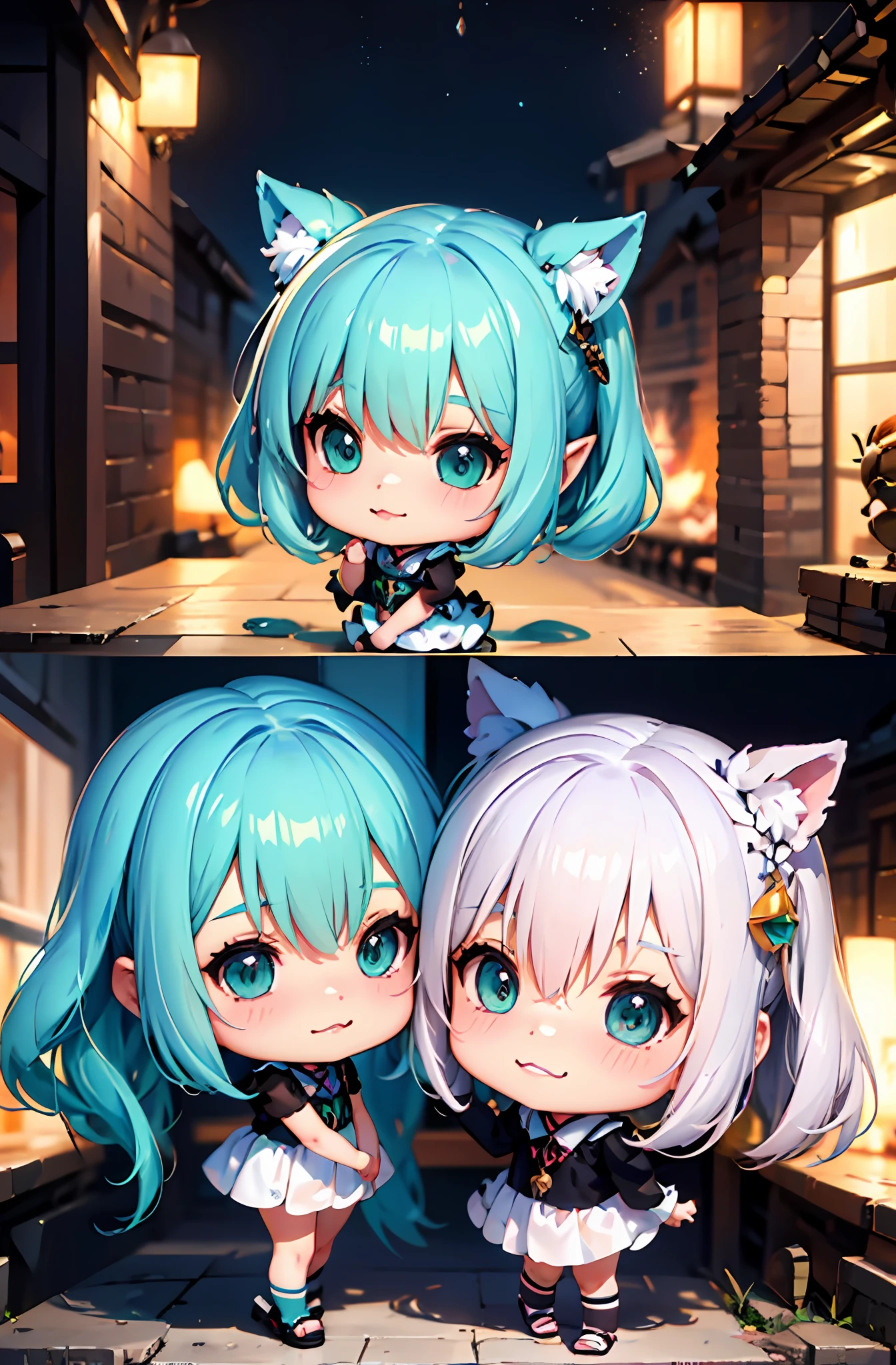 1 anime cat-eared doll, (Chibi: 1.2), 8K high-quality detail art, white feathers on the back, emerald green hair, gradient, twinkle, style as Nendoroid, stylized anime, anime style 4K, cute detailed digital art, Guweiz style artwork, 8K octar rendering photos, advanced digital chibi art, Cute 3d render, anime style, light, glow