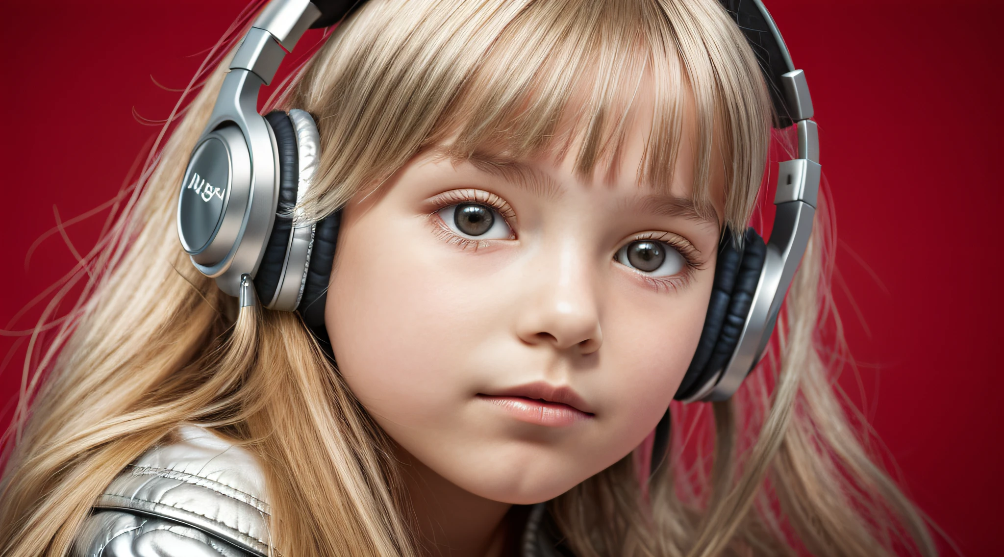 GIRL child 12 years , RUSSIAN BLONDE long hair and headphones , portrait , SILVER LEATHER JACKET, red background.