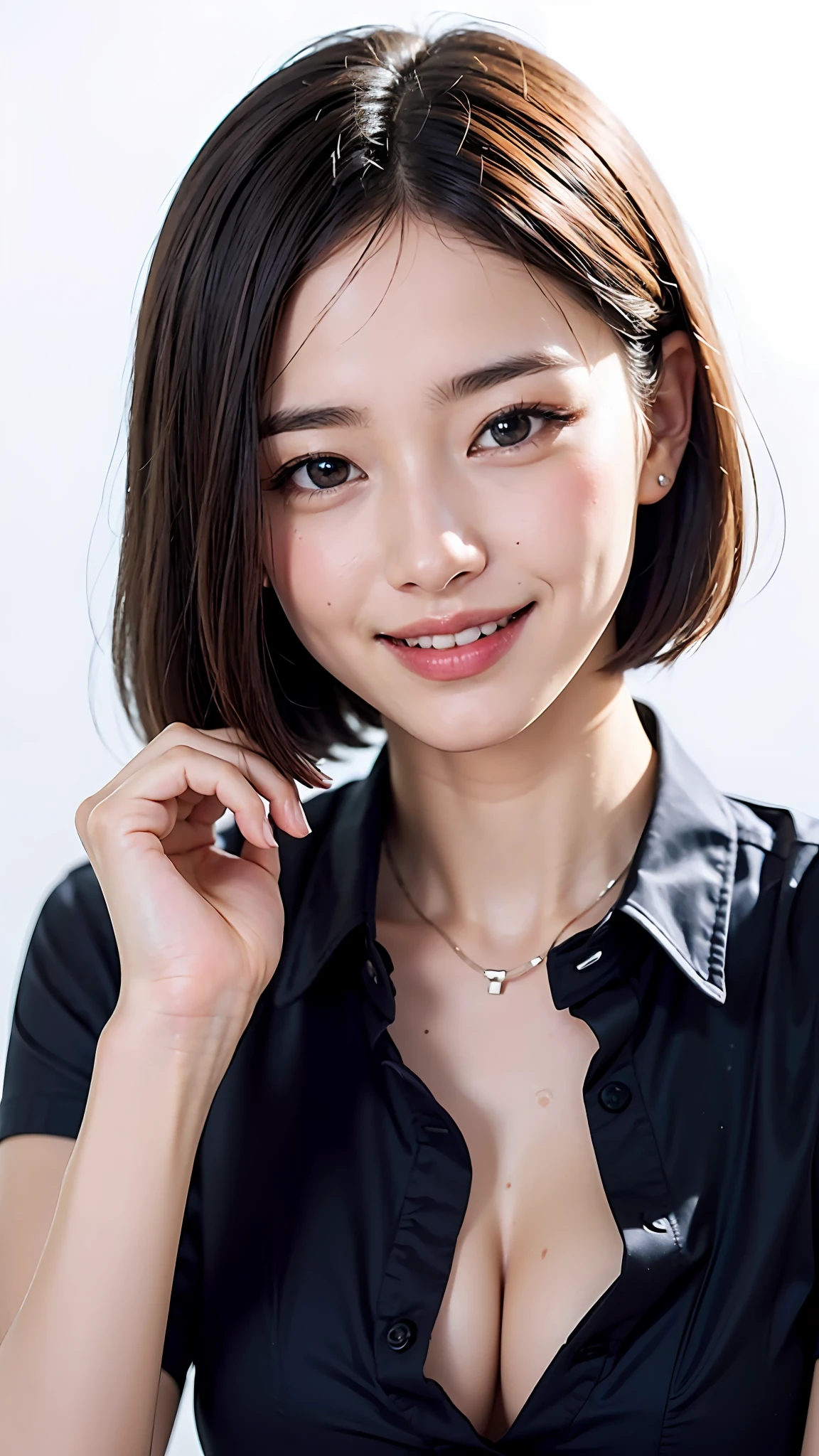 (8k、sthe highest qualit、Master peace、:1.2)、(wet:1.1),splash water pose、(Realstic、pfotorealistic:1.37)、Super Detailed、女の子 1 人、a Pretty、solo、、、Sitting、tool、(Nasal blush)、 (smileing:1.15)、(closedmouth)、big Chest、Gaze staring at the camera、Chest staring at camera、Fine and beautiful eyes、large, round eyes、Distinct double eyelids、Lashes、(Collared Shirt:1.1)、Wet、Transaction service、(short haired:1.2)、Float NovaFrogStyle、bangs、long neck、Happy smile、close mouth、clean face、Realistic skin type、real texture、Unbutton、Light pink lip、Really nothing background、Really pure white background、28歳、high 、No shadows on the face,natrual light、not thick upper lip