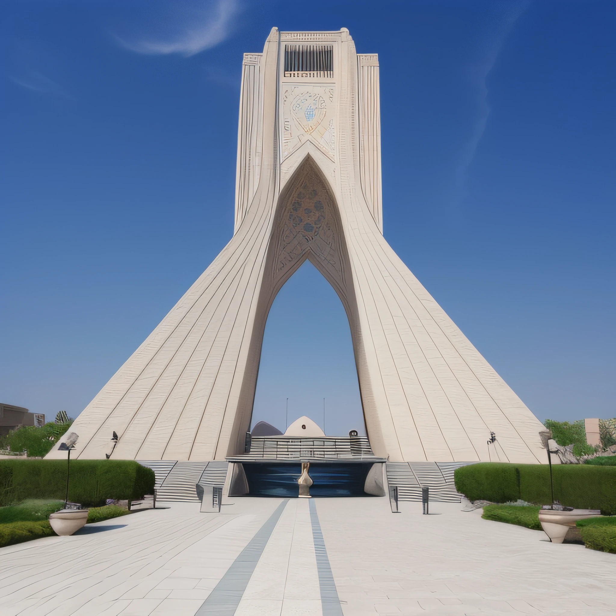 arafed view of a monument with a fountain in front of it, tehran, futuristic persian palace, persian style architecture, iran, view from below, sayem reza, a middle-shot from front, islamic revolution, iranian, view from the bottom, stunning image, view from the side, view from bottom to top, view from ground level, ancient persian city, 4k, fantastic atmosphere, high resolution, architectural visualisationquixel megascans render, octane render, future high-tech buildings