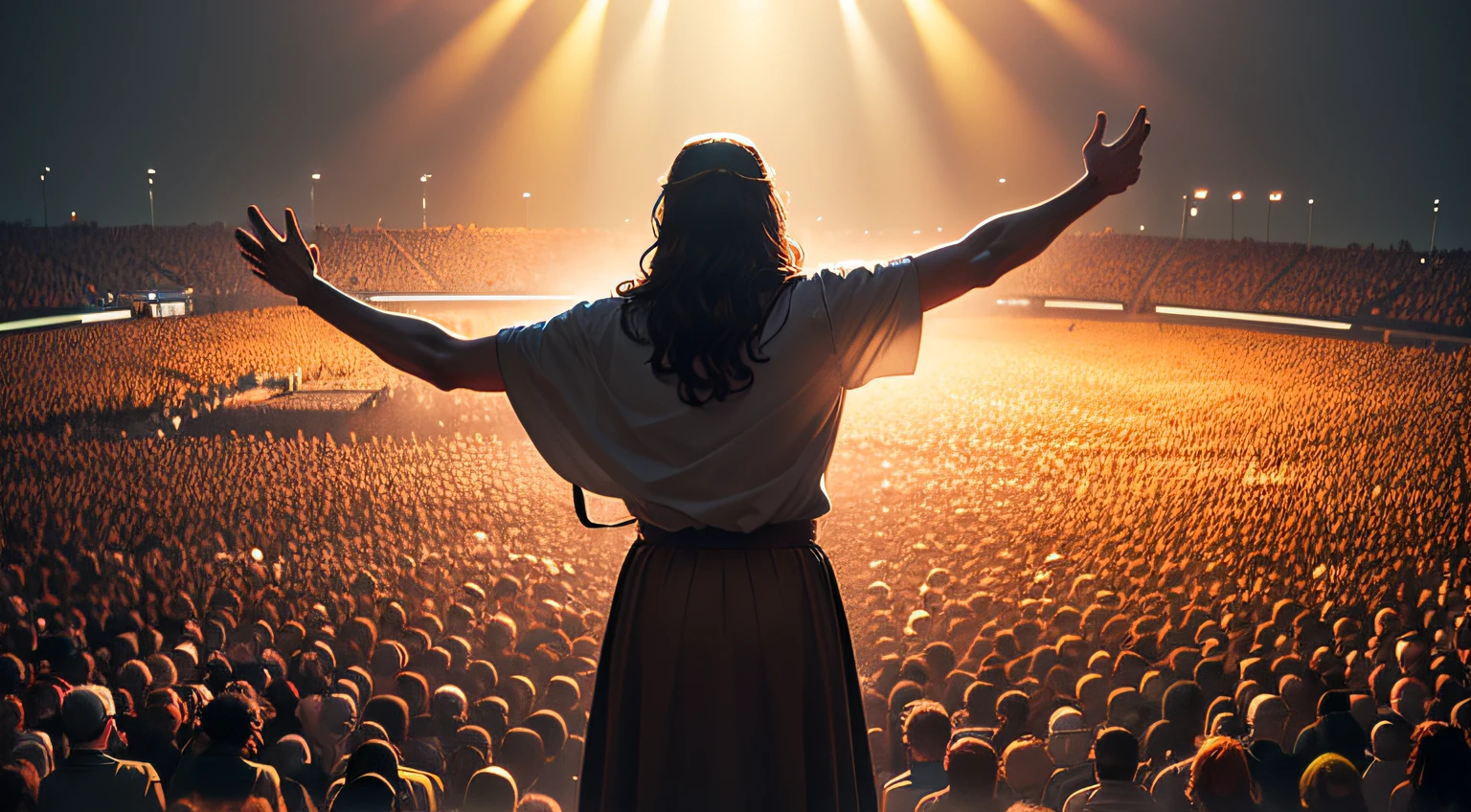ilustration: Scene showing Jesus delivering the Sermon on the Mount, Jesus is on his back, The crowd has its back, surrounded by a crowd of people, ultra detalhado, 8k --auto