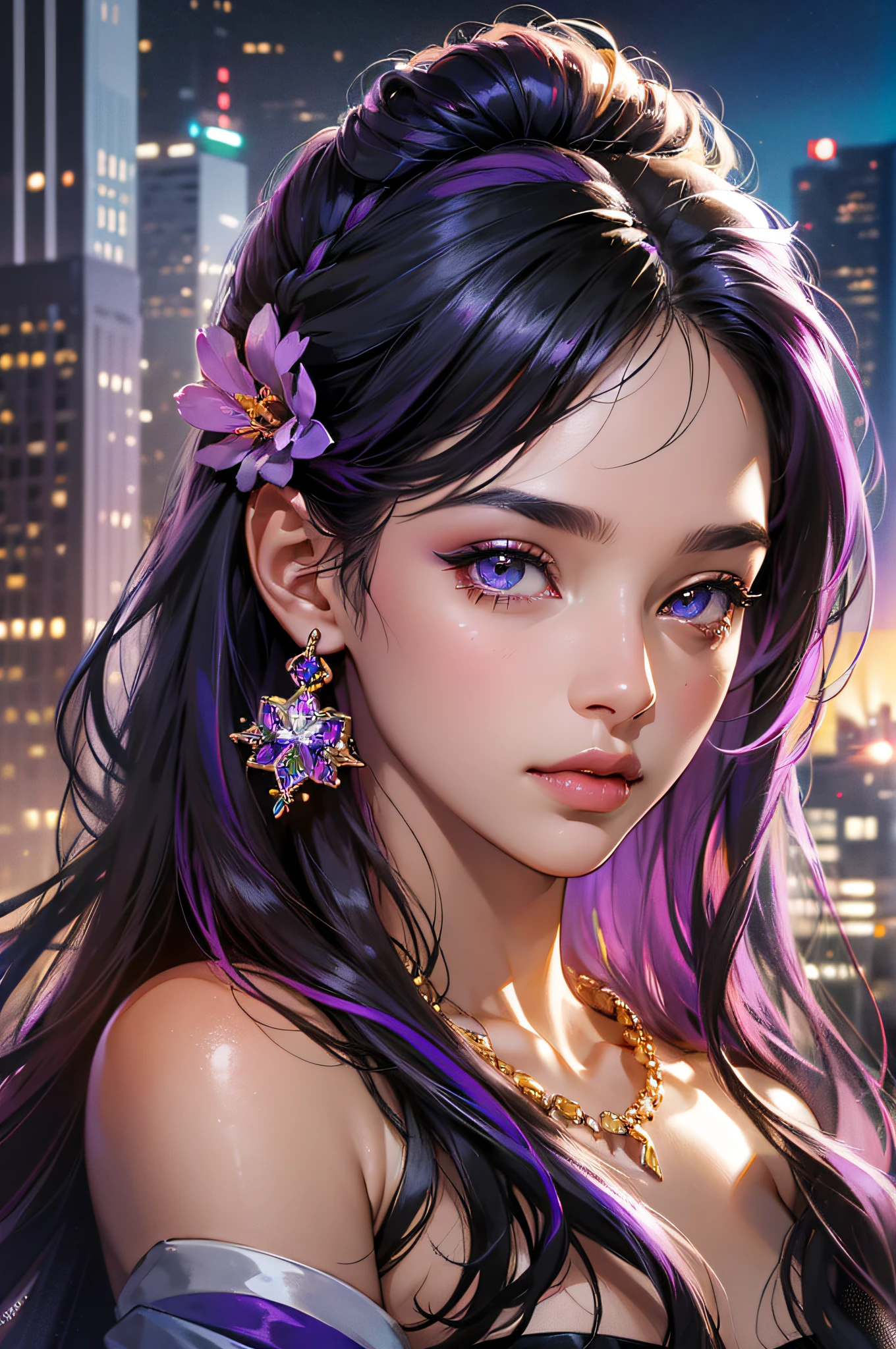 (absurdres, highres, ultra detailed), 2d, cheDark Fantasy,(masterpiece, best quality, ultra-detailed, highres, best illustration),perfect face, ((solo, solo focus)),sidelighting, lustrous skin,(bloom), (shine), ray tracing,1girl, solo, dark skin, jewelry, necklace, dark-skinned female, multicolored hair, lips, purple hair, upper body, brown eyes, breasts, bare shoulders, hair ornament, makeup, long hair, black hair, very dark skin, dreadlocks,depth_of_field, city background,very detailed background,extreme light and shadow,(detailed eyes), (beautiful) beautiful detailed eyes, perfect lighting , perfect anatomy,(extremely detailed illustrated 8k wallpaper),(masterpiece), (best quality), (ultra-detailed), (best illustration),(best shadow), vivid colors, portrait, shoulder, half body --auto --s2