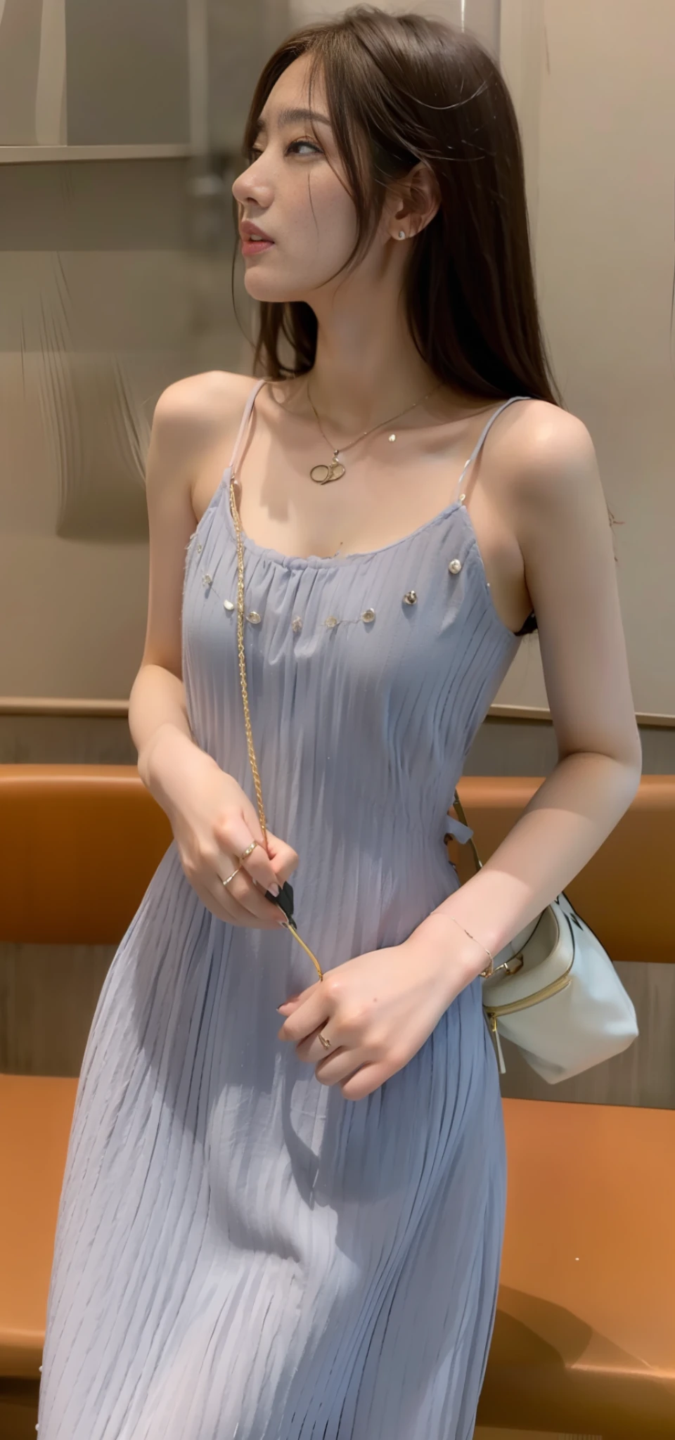 Long-haired beauty facing the camera