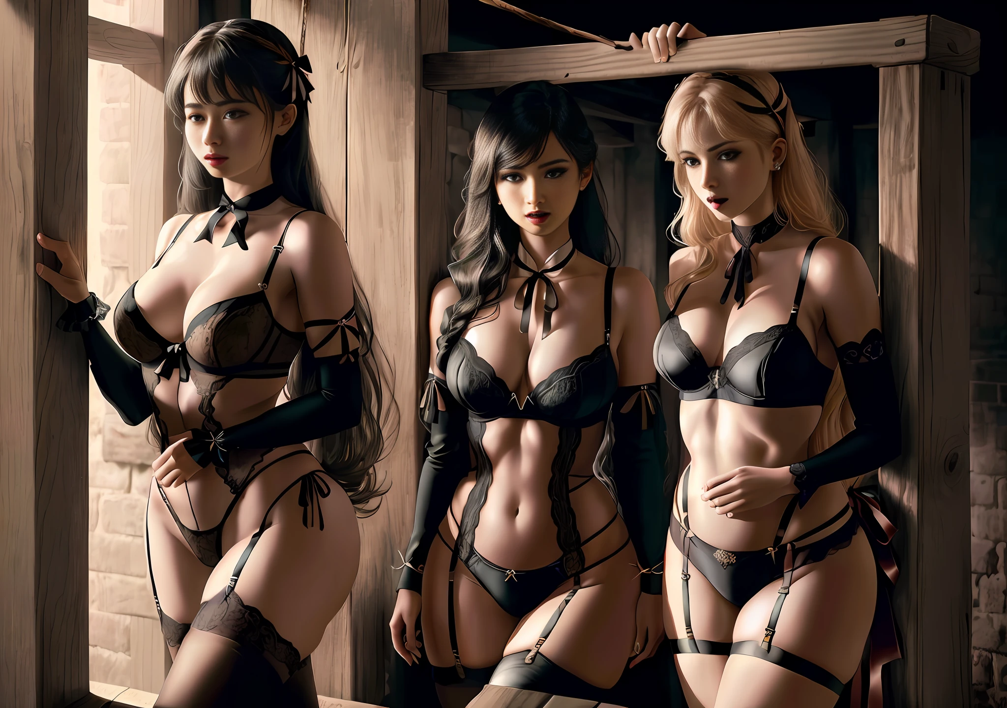 ((sexy woman)),((group of girls)), delicious lighting, blurred background, exceptional costume design, seductive, charming, artistic and memorable pose. Volumetric light accentuating the atmosphere. Girls surround the sexy woman and create an interesting contrast in the overall composition. The colors are rich and contrasting. The image is attractive and has a high visual impact. It's a work of art!)