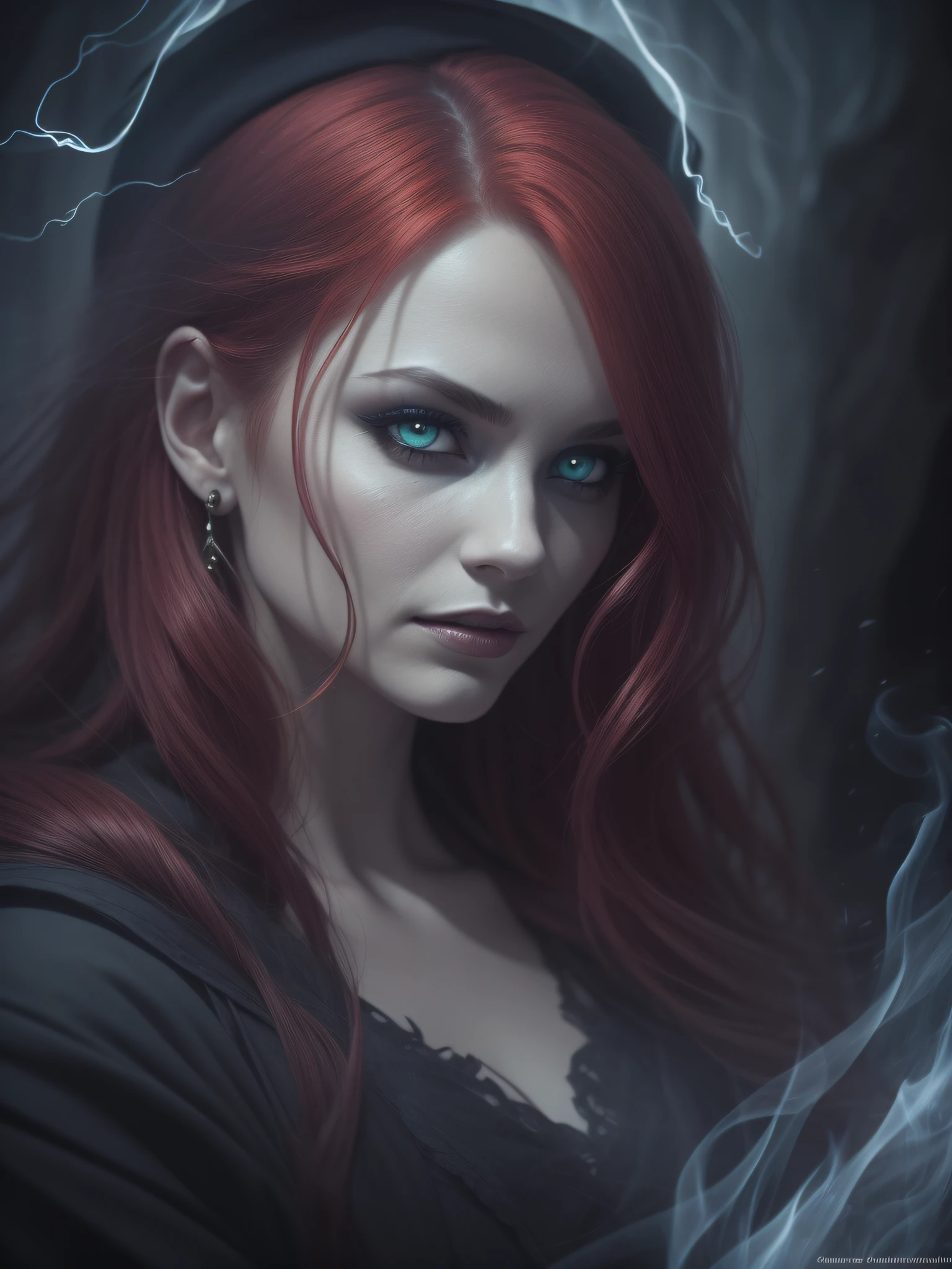 a dark and ominous cave, where a formidable and sinister, gorgeous female wizard with red hair practices her dark arts. Create a captivating artwork that conveys the essence of her wicked power and the eerie atmosphere that surrounds her.
Position the female wizard as the central figure, emanating a menacing presence. Portray her with a commanding stance, radiating confidence and a sense of malevolence. Highlight her striking features, such as piercing eyes and a wicked smile, which showcase her mastery of the arcane.
Clothe the wizard in dark and flowing robes, adorned with intricate symbols and patterns that hint at her sinister nature. Use deep and rich colors, like purples, blacks, and dark blues, to evoke an air of mystique and darkness.
Envelop the cave in an eerie ambiance, achieved through the clever use of smoke and flickering firelight. Let the smoke curl around the wizard, adding an ethereal and mysterious quality to the scene. Incorporate flames that cast ominous shadows, illuminating her face and surroundings with an eerie glow.