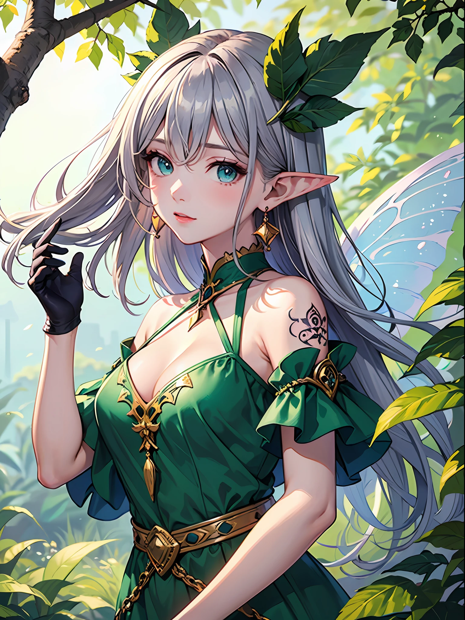 (((masterpiece))), (((best quality))), ((ultra-detailed)), (illustration), ((an extremely delicate and beautiful)),dynamic angle,floating, (beautiful detailed eyes), (detailed light) fairyland,dynamic angle,(1priness),(elf),(girl in the dream),(dream in the wonderland), (extremely fantasy dream),pointy_ears, green_eyes, long_hair, solo, bare_shoulders, looking_at_viewer, leaf,covered by leaves, earrings, jewelry,jewelry earrings,silver_hair, hair_ornament,leaf ornament,hair_between_eyes, eyebrows_visible_through_hair, arm_tattoo, leaves tattoo, closed_mouth, bangs, smedium_breasts, blush, sleeveless, (+++upper_body+++),(detailed and beautiful noble leaves texture halter dress,(silver|green dress:1.3),(magic dress),gloves,)hands behind back, /////////,feather, leaves, tree,nature, (sunlight),day, river, (forest),(painting),(sketch),(bloom)////////depth of field, double exposure, tyndall effect, colorful refraction,visual impact,(sketch:0.9),best quality ,(fairy tale and dreamy spring)